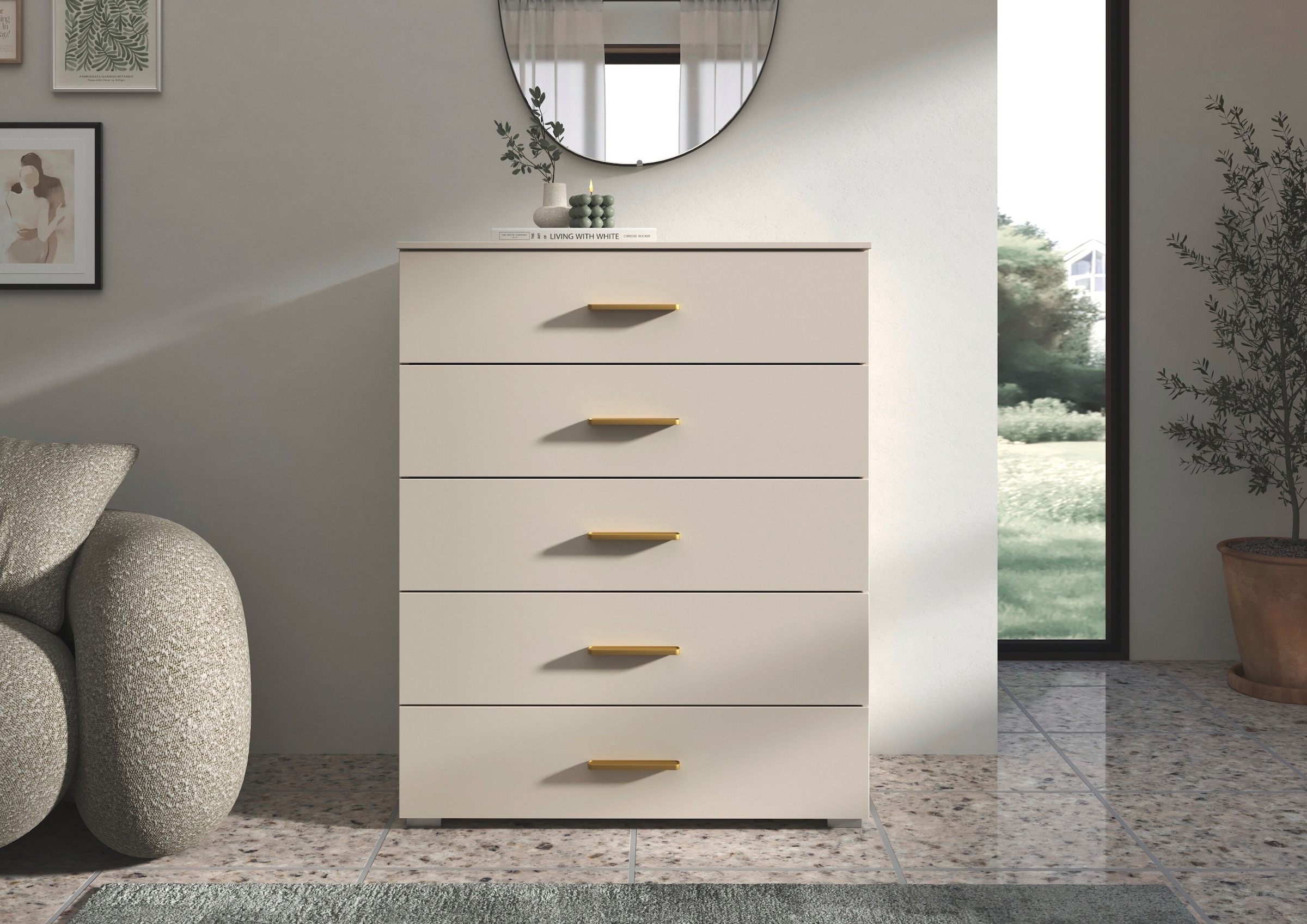 OTTO home Schubkastenkommode »Highboard Sideboard Kommode SCHNELLMONTAGESYSTEM ZELLARA« 5 große geräumige Schubladen, Griffe Gold aus Metall MADE IN GERMANY