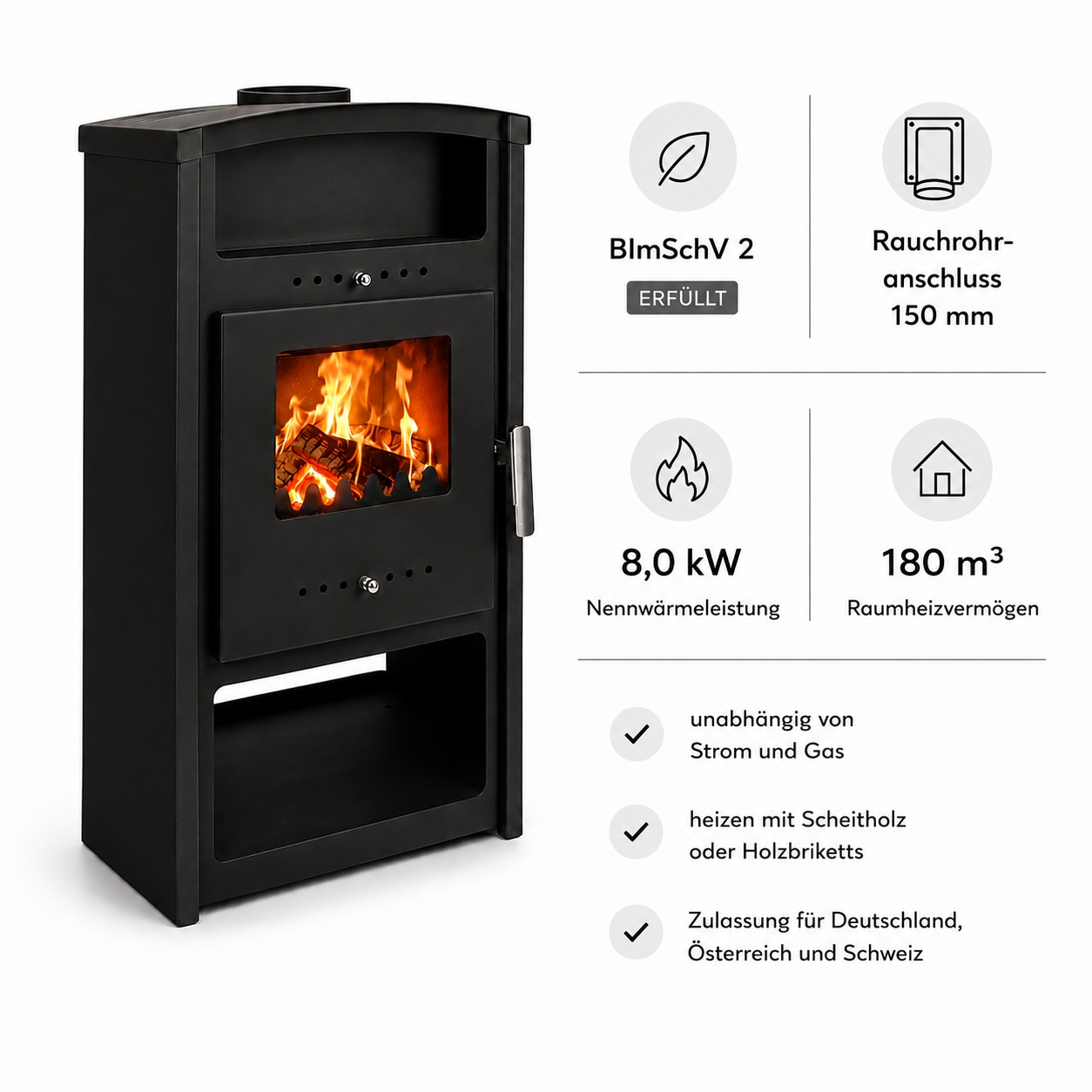 Hanseatic Kaminofen »"Ulan", Exklusiv, Lieferung bis ins Wohnzimmer« mit Holz- und Warmhaltefach, nur 80 Kg leicht