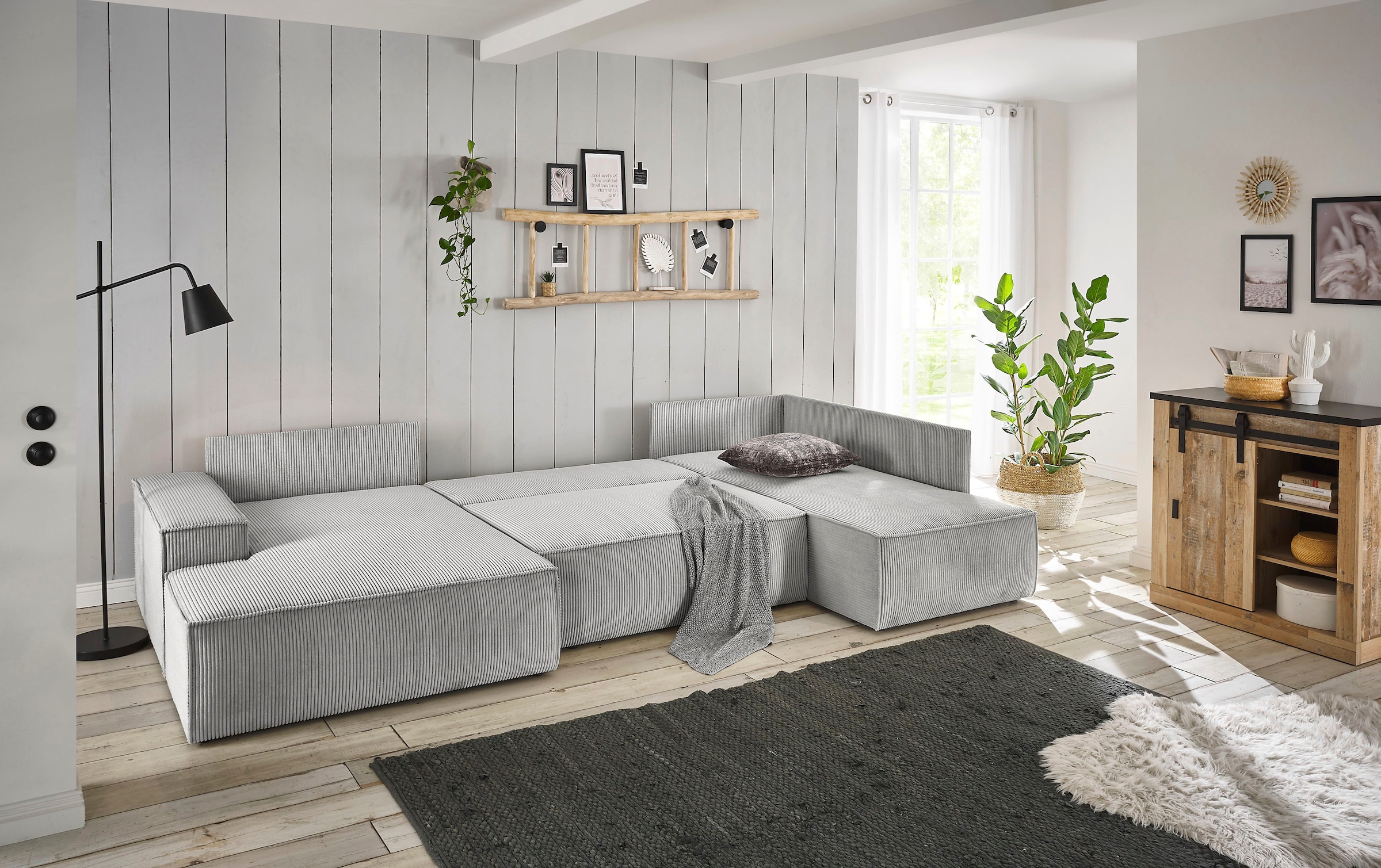 Home affaire Wohnlandschaft »SHERWOOD 329 cm, U-Form, Schlafsofa,«, Schlaffunktion m. Bettkasten (194x139 cm), Cord, Vintage, Samtvelours