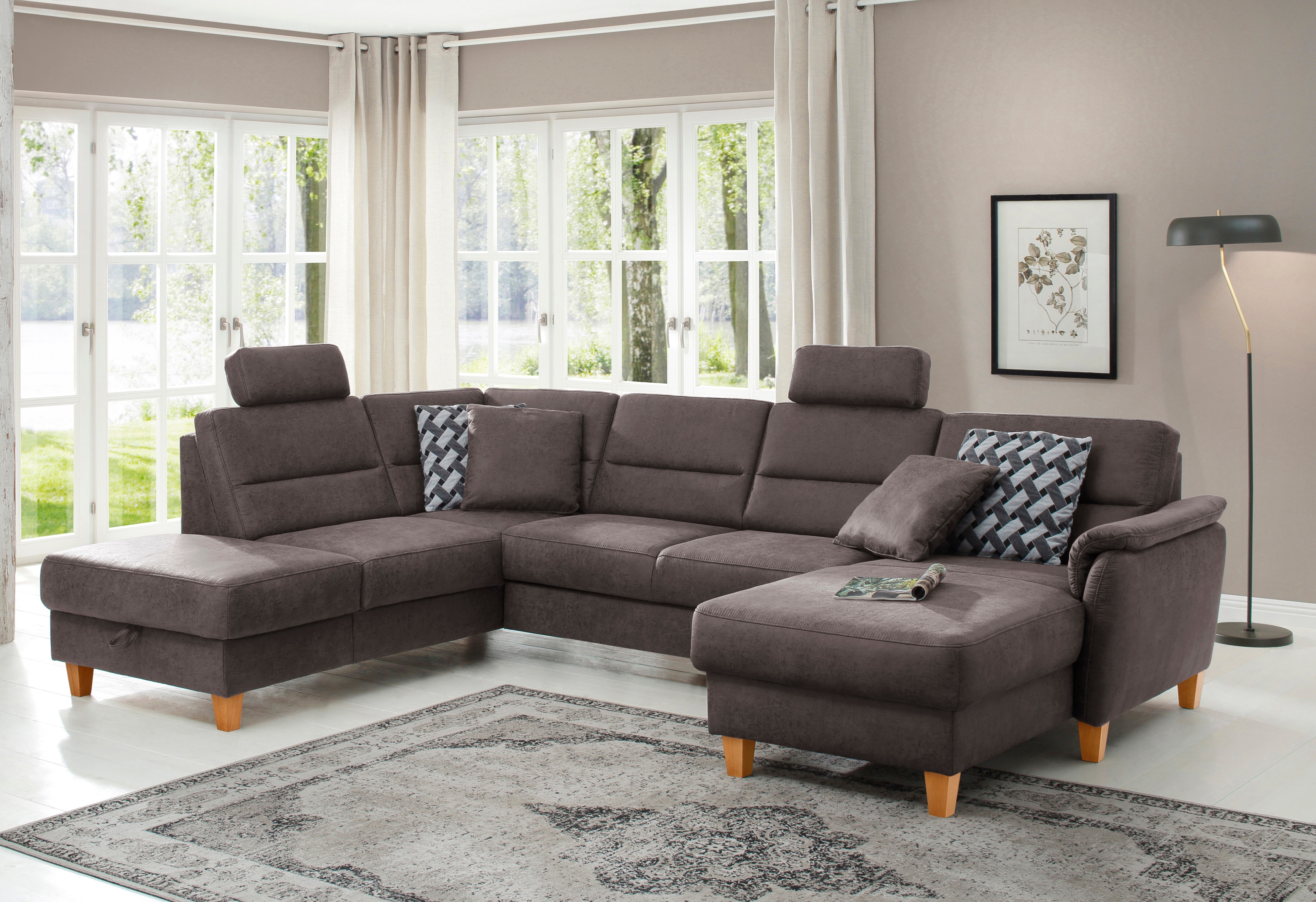 Home affaire Wohnlandschaft "Palmera U-Form, B: 308 cm, große Stoff + Leder Auswahl" mit Schlaffunktion, optional Bettkasten, Federkern, XXL-Wohnlandschaft