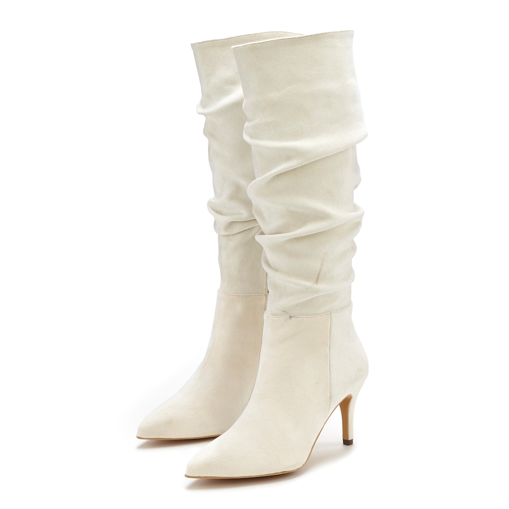 LASCANA Reißverschlussstiefel, mit modischer Raffung, Langschaft, High-Heel Stiefelette,Slouchy Boots