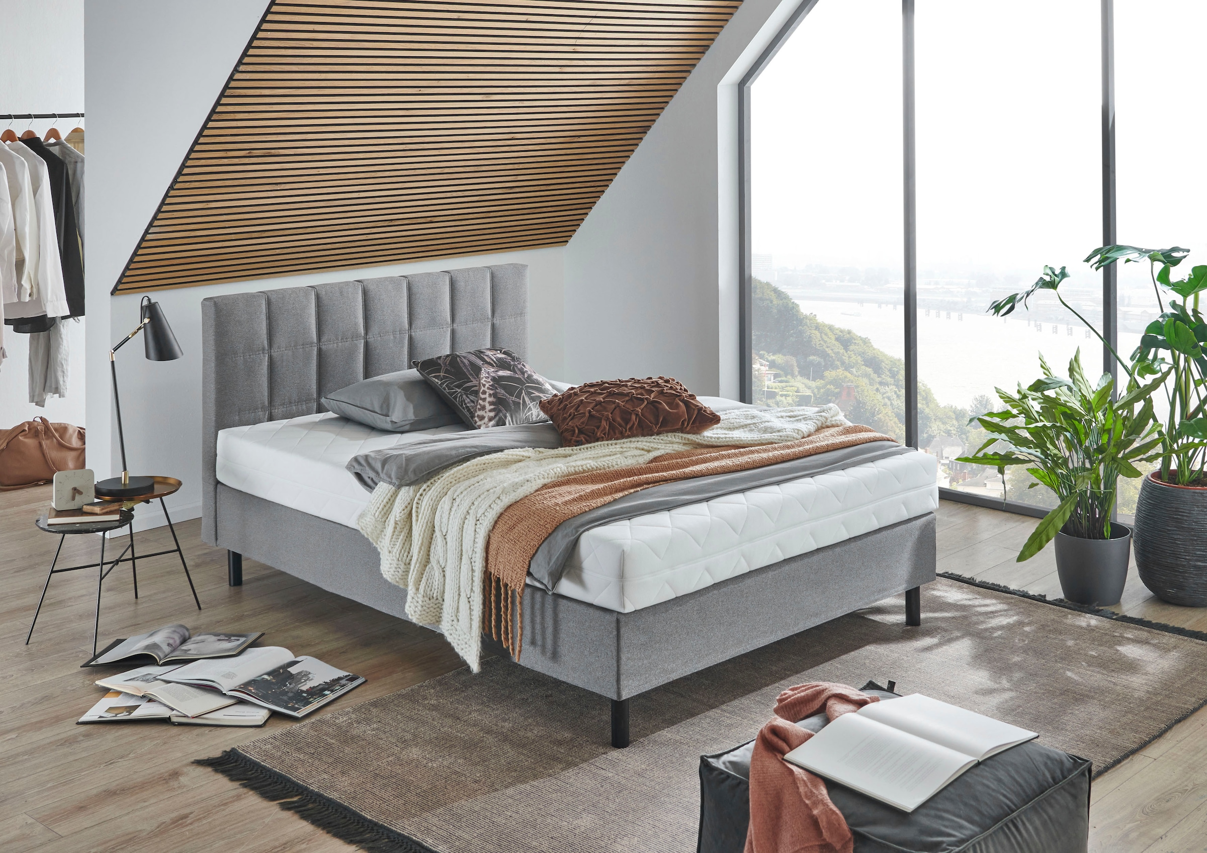 Boxbett "Nikola", grau (hellgrau), B:142cm L:210cm, ATLANTIC HOME COLLECTION, Komplettbetten, Boxspringbett, Massivholzfüßen, mit / ohne Matratze, in H2 und H3 erhältlich
