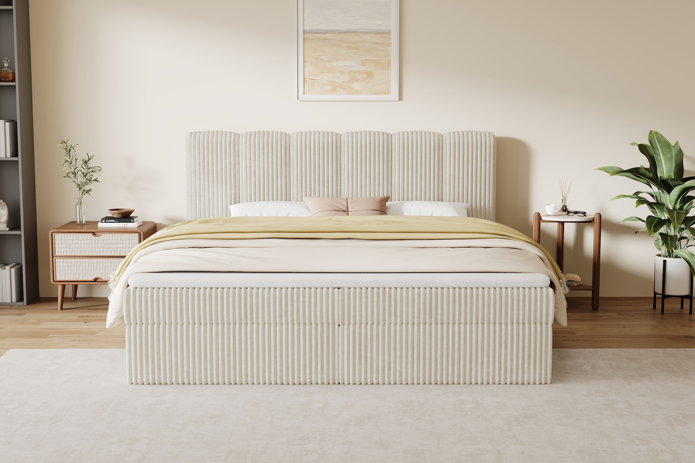 OTTO home Boxbett »SIVVA in der Breite 180cm, flauschiger Breitcord, Farbe: cream« inkl. Taschenfederkernmatratze (H3) & Topper (4cm)