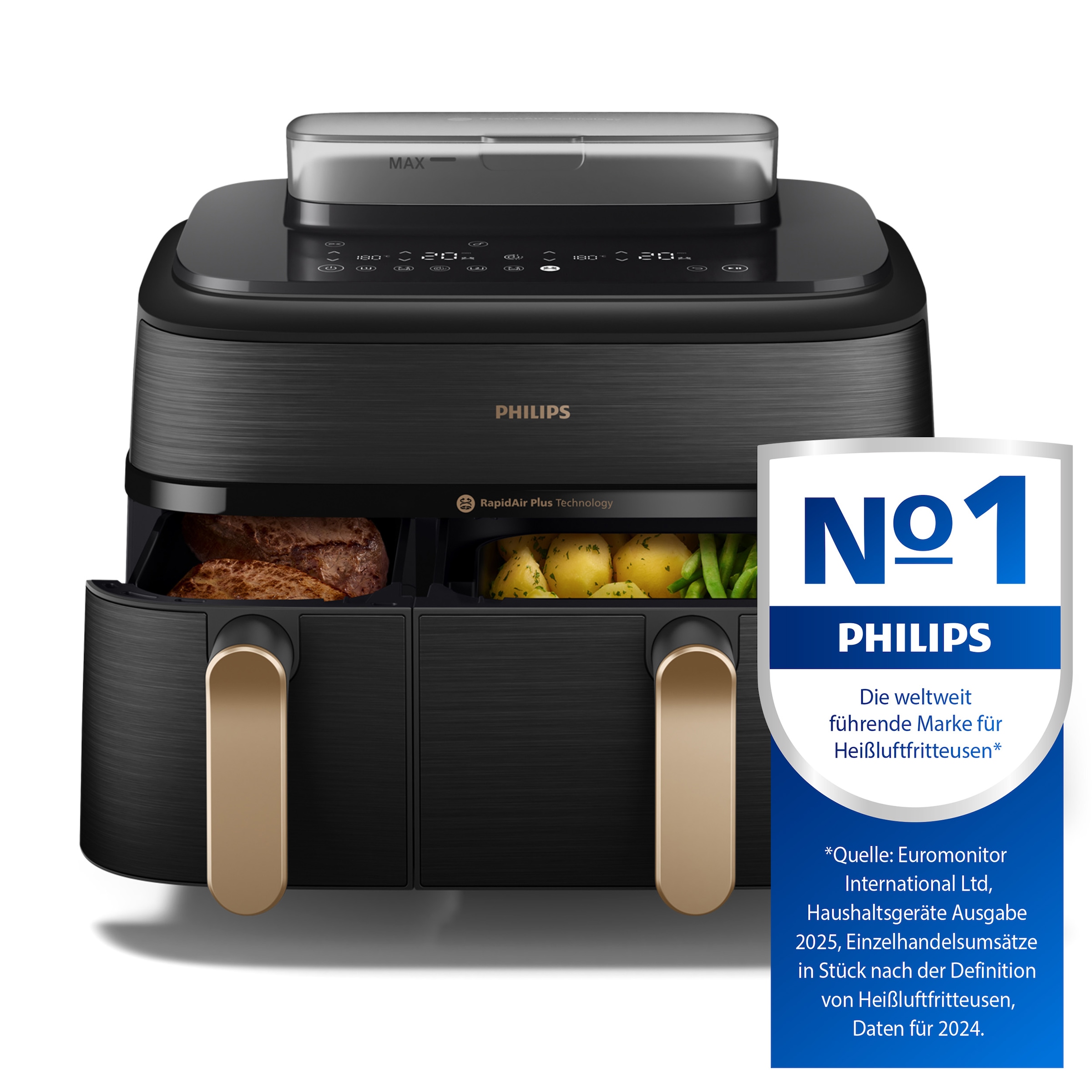 Philips Heißluftfritteuse »Steam Airfryer 5000 Dual Basket NA552/00, Airfryen & Dampfgaren, 3L+6L«, 2750 W, RapidAir Plus Technologie und 19 Kochfunktionen; Edelstahl/Kupfer