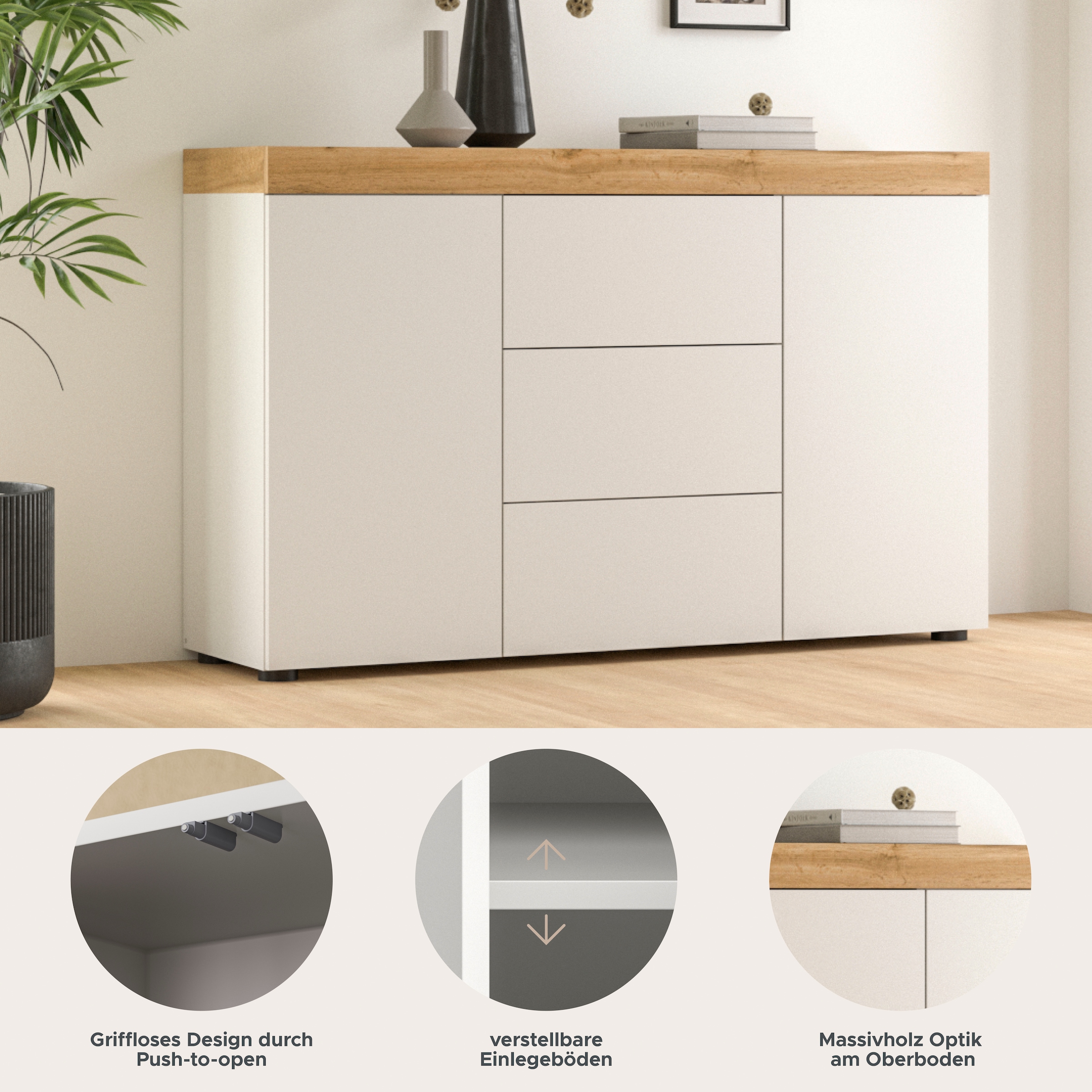 OTTO home Sideboard »MAMBO, Breite 125cm, 2 Türen, 3 Schubkästen, push-2-open« 2 farbige Ausführung, in verschiedenen Farben erhältlich, 1 Stk. tlg. Sideboard, Kommode, Wohnzimmer, Flur, Arbeitszimmer