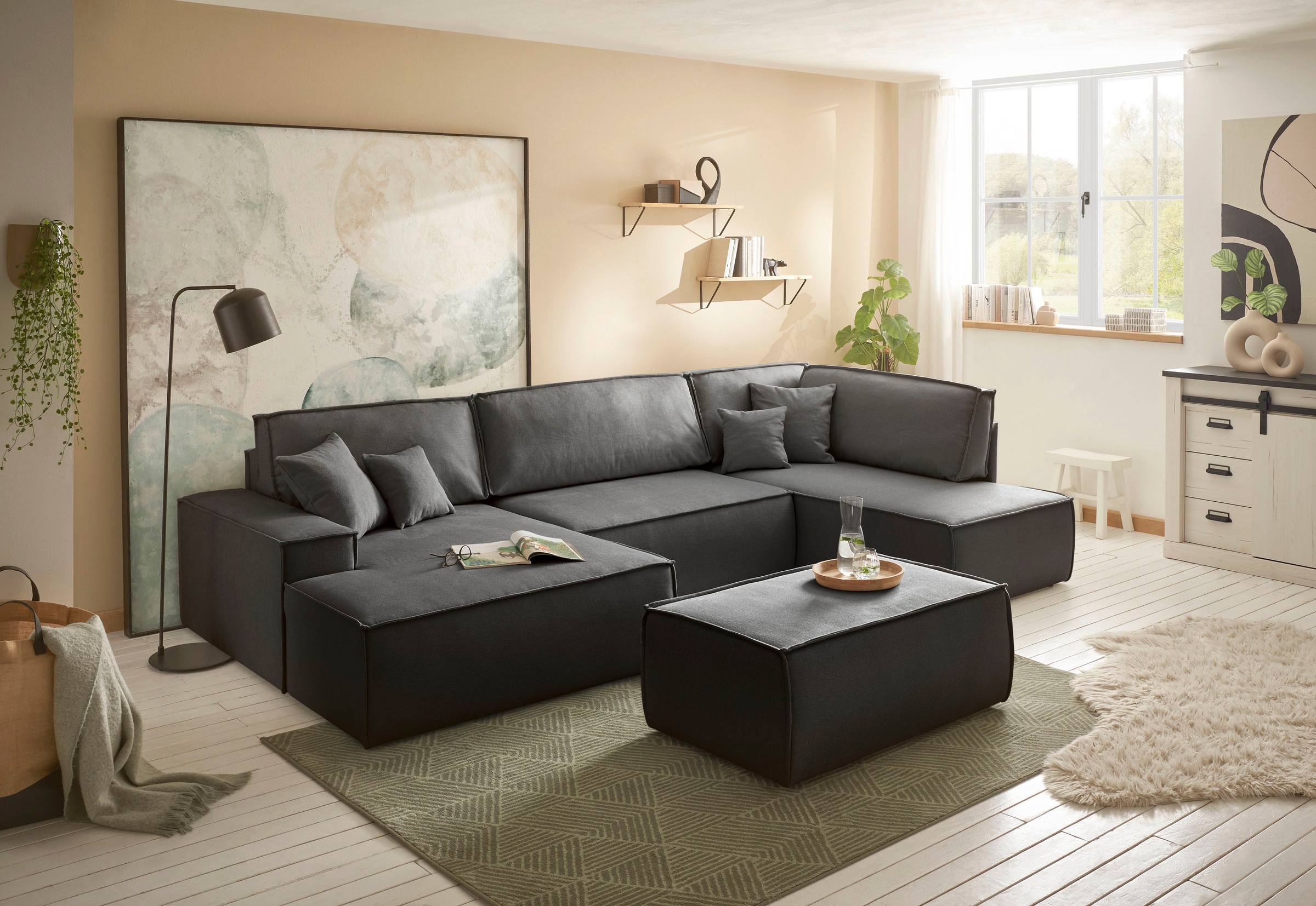 andas Wohnlandschaft »FINNLEY U-Form XXL 329 cm, Schlafsofa, Schlaffunktion m. Bettkasten«, (194/139 cm), Bouclé, Struktur und Cord