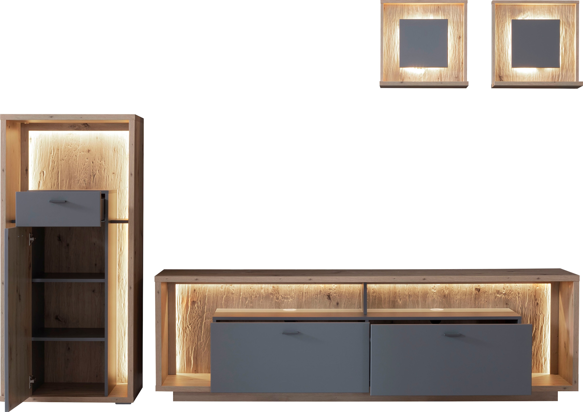 MCA furniture Landhausstil | »Lizzano«, (Set, mit St.), 4 wahlweise modernen BAUR im bestellen Rückwand, Beleuchtung 3-D mit Wohnwand