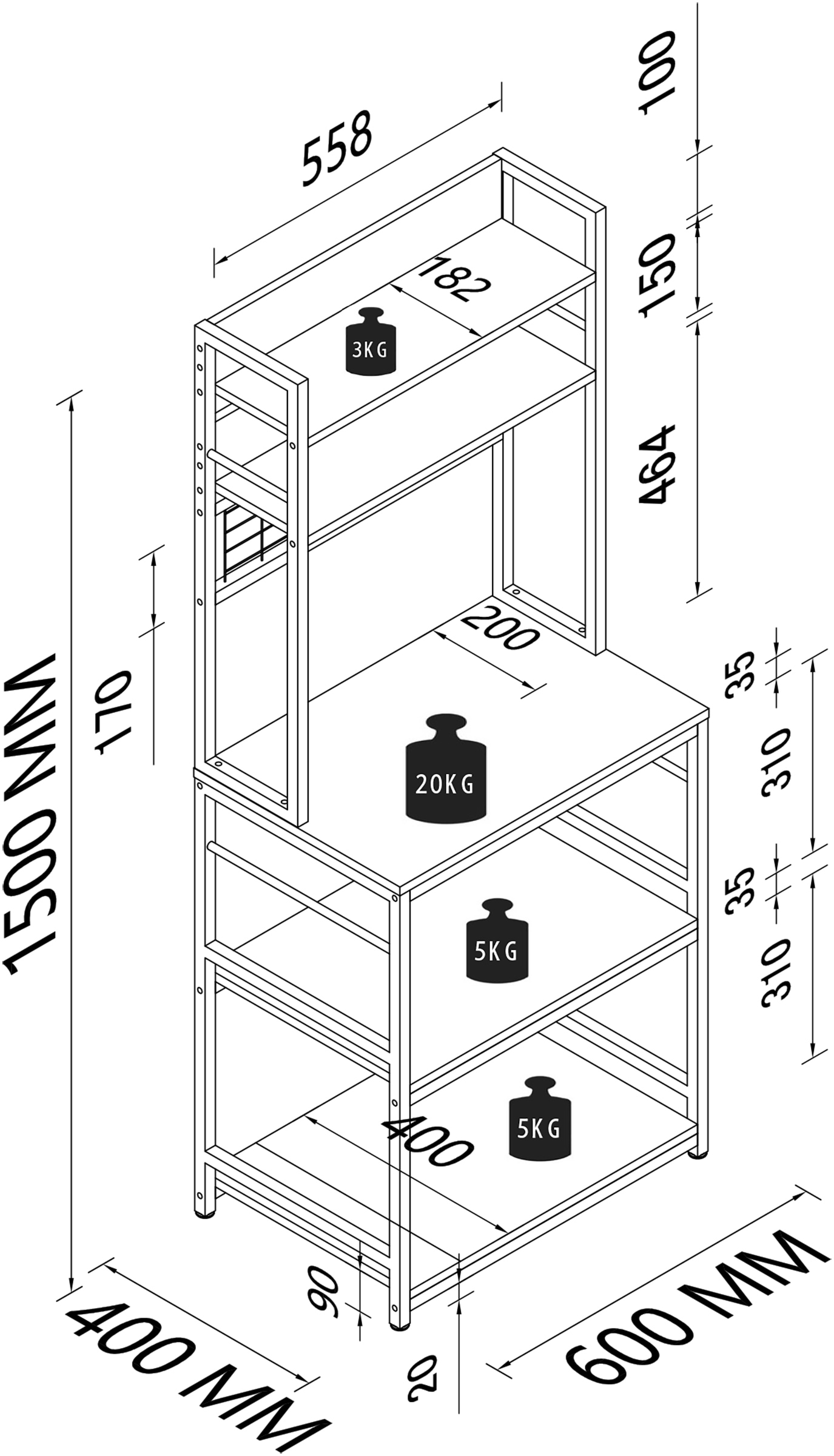 VCM Unterschrank »VCM Küchenregal | Maße ca. H. 150 x B. 60 x T. 40 cm | ausreichend Stauraum | Regal | Küchenmöbel - Kolari«, (1 St.)