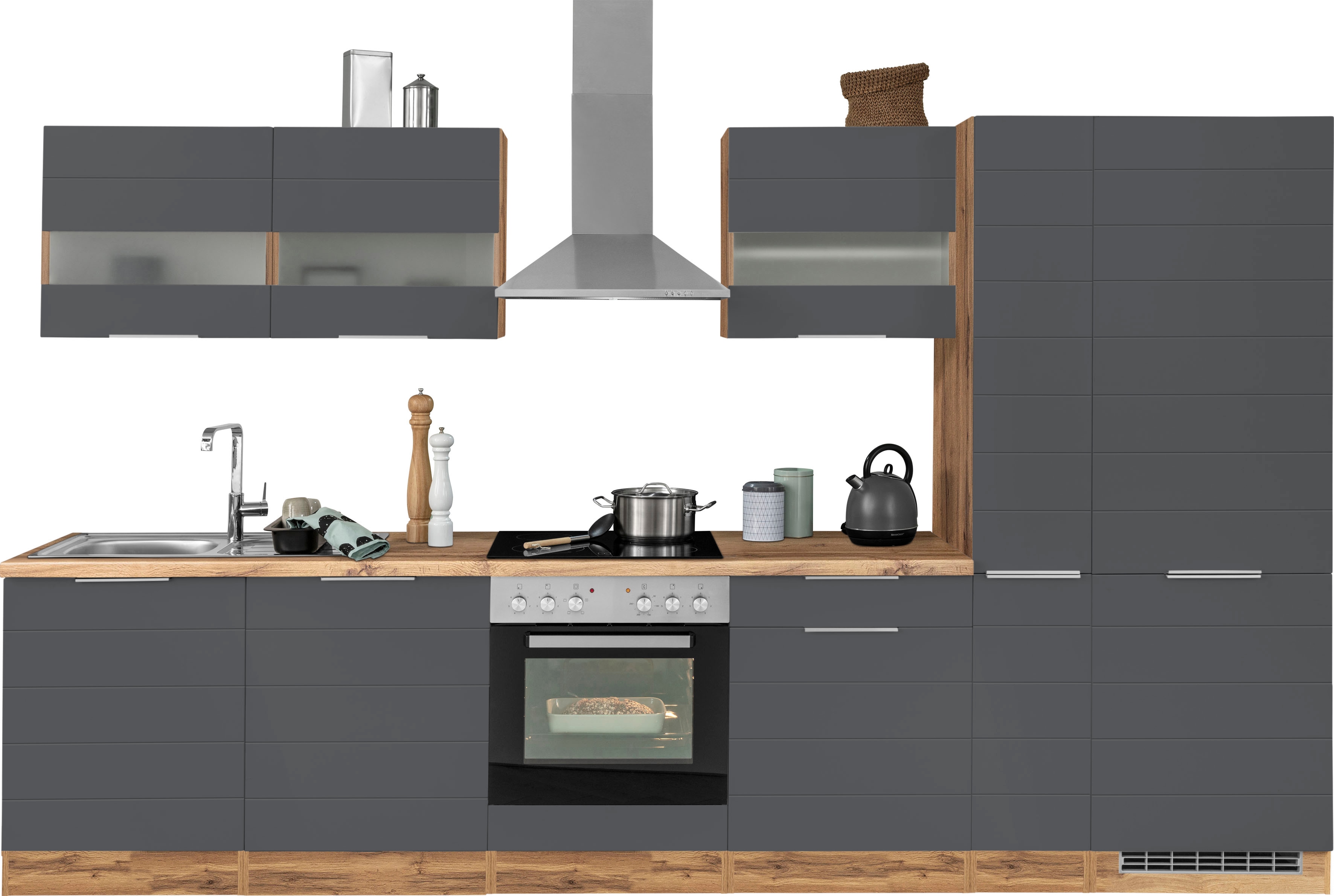 KOCHSTATION "KS-Luhe" 330 cm breit, wahlweise mit oder ohne E-Geräten, gefräste MDF-Fronten
