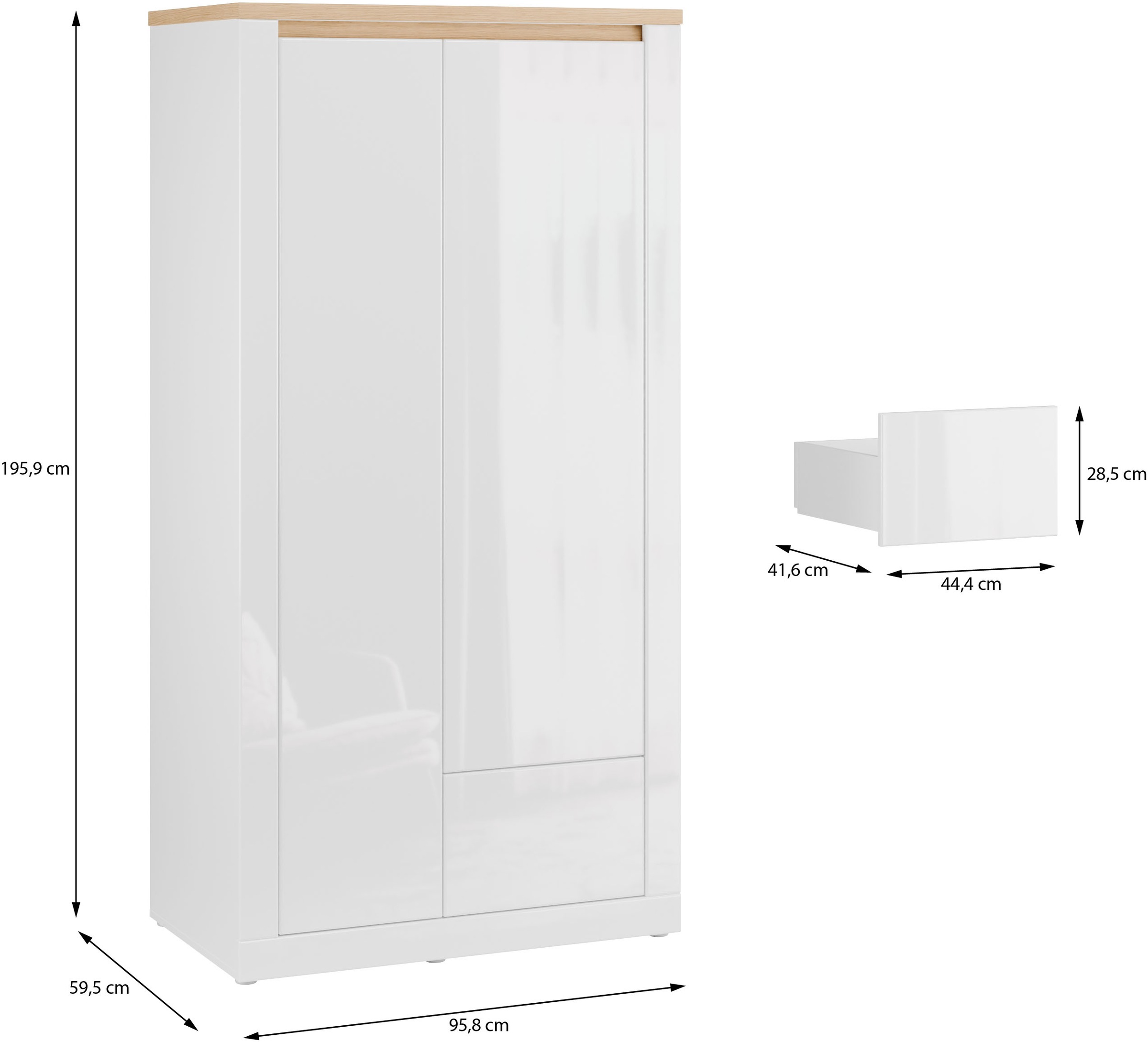 FORTE Kleiderschrank »grifflos, Push to Open, Front glänzend« B/H/T 96,4/192,2/59,7 cm inklusive Beleuchtung