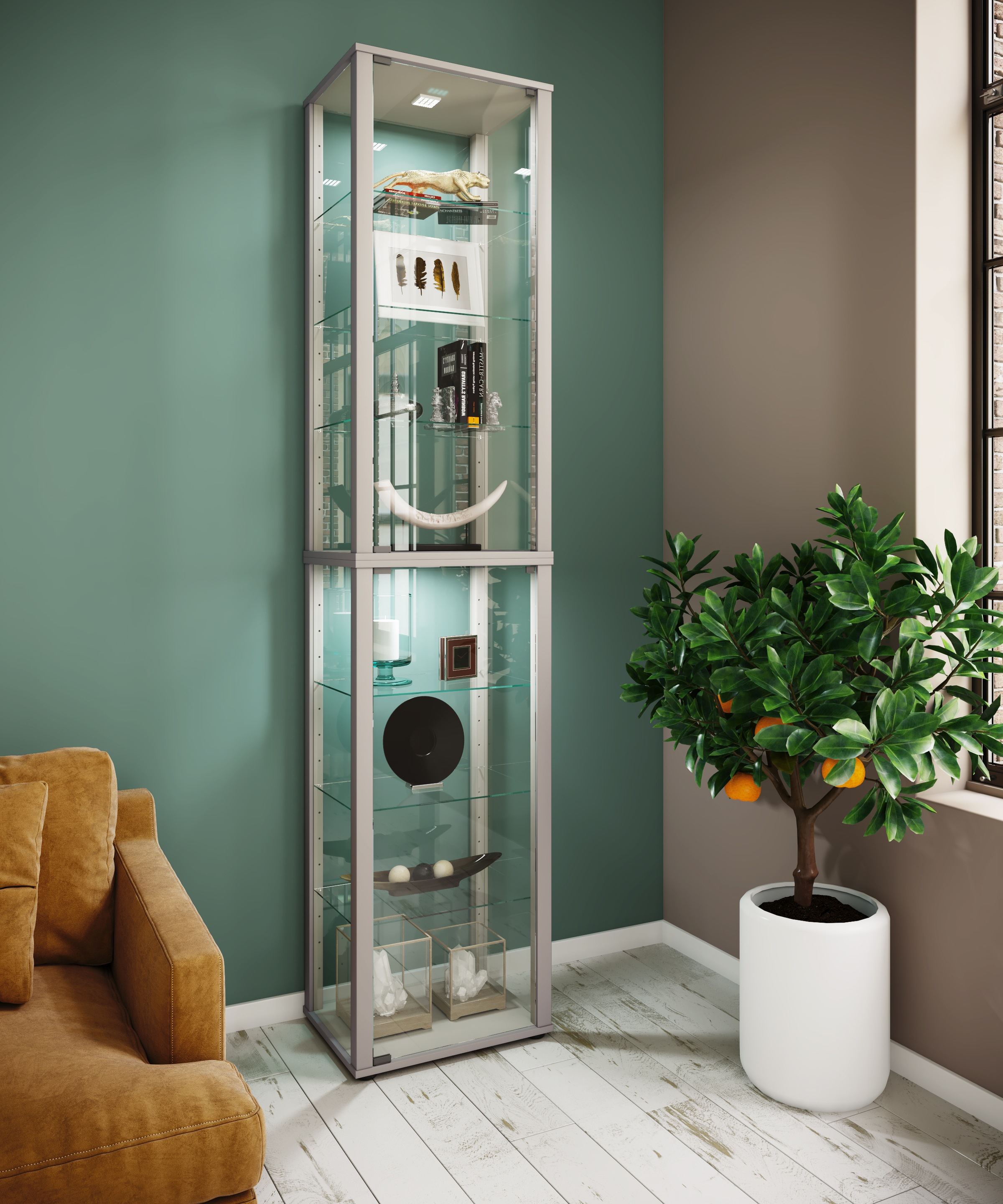 VCM Vitrine »VCM Glasvitrine stehend | Vitrine Glas mit ESG-Sicherheitsglas | Maße ca. H. 227 x B. 50 x T. 38 cm | Standvitrine Glas | Modern und platzsparend | Glas Vitrinenschrank ¿ Kavisa XL«, (1 St.)
