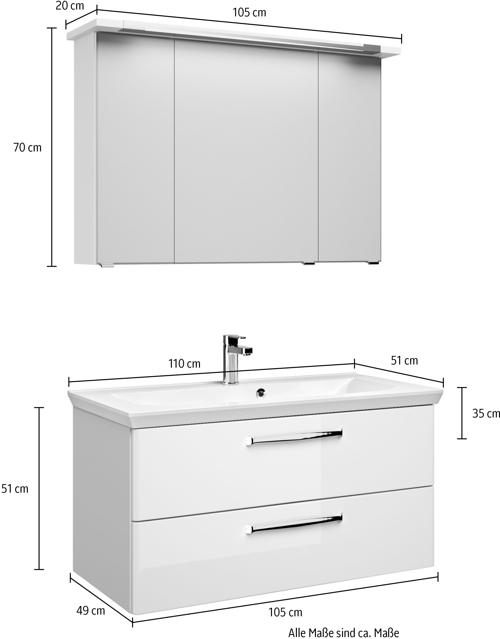 Saphir Badmöbel-Set »Trentino 2-tlg Mineralmarmor-Waschtisch, Spiegelschrank mit LED-Profil«, (3 St.), Badmöbel-Set 110cm breit, inkl. Türdämpfer, 3 Türen, 2 Auszügen