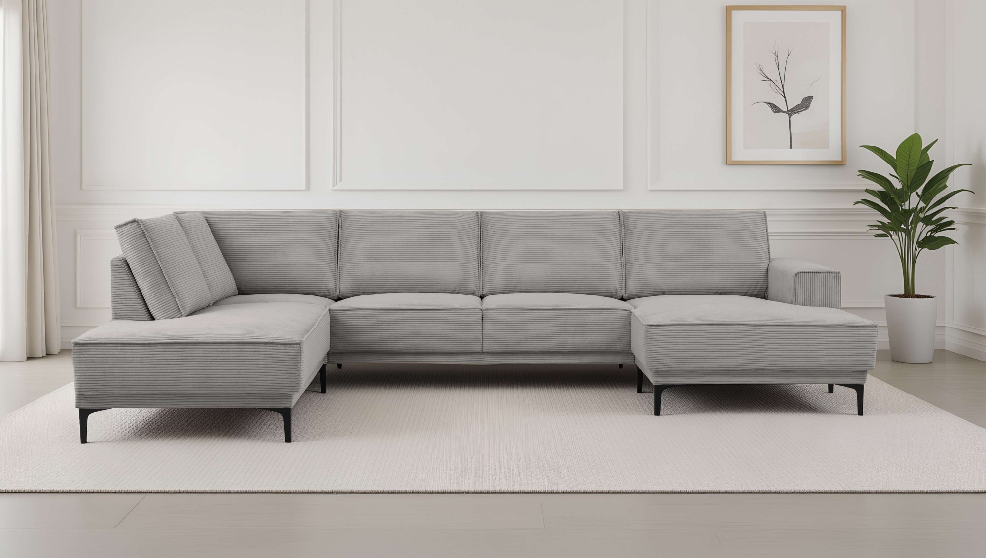 OTTO home Wohnlandschaft "OLAND Cord U-Form, XXL, B: 345 cm, Skandi-Design" U-Form, 345 cm, Wellenunterfederung, Skandi-Design, Metallfüße
