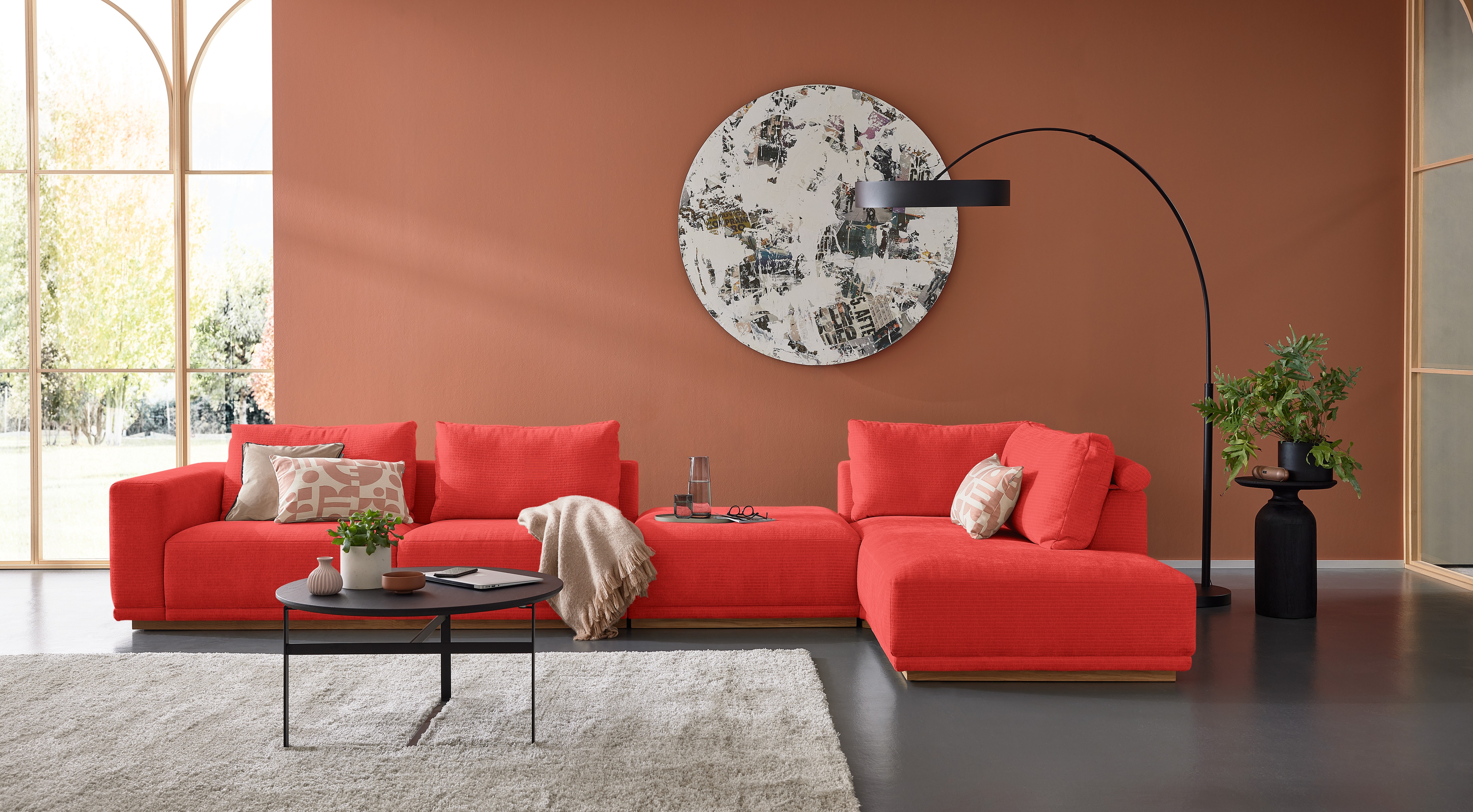 Musterring Wohnlandschaft "JustB PM200 bequem, wahlw. Sitzvorzug, Breite 395cm, Holzsockel" Anreihsofa Armteil links, Eckteil rechts und Hocker. Elekt. Sitzvorzug