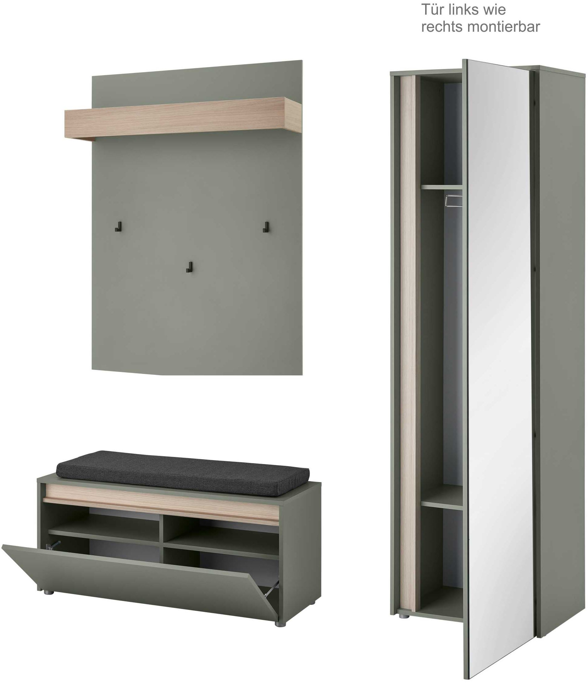 INOSIGN Garderoben-Set »GIRON/CiTY, moderne Garderobe, Komplettset mit viel Stauraum«, (Komplett-Set, 3 St.), enthält Garderobenschrank, Paneel, Schuhbank inkl. Sitzkissen