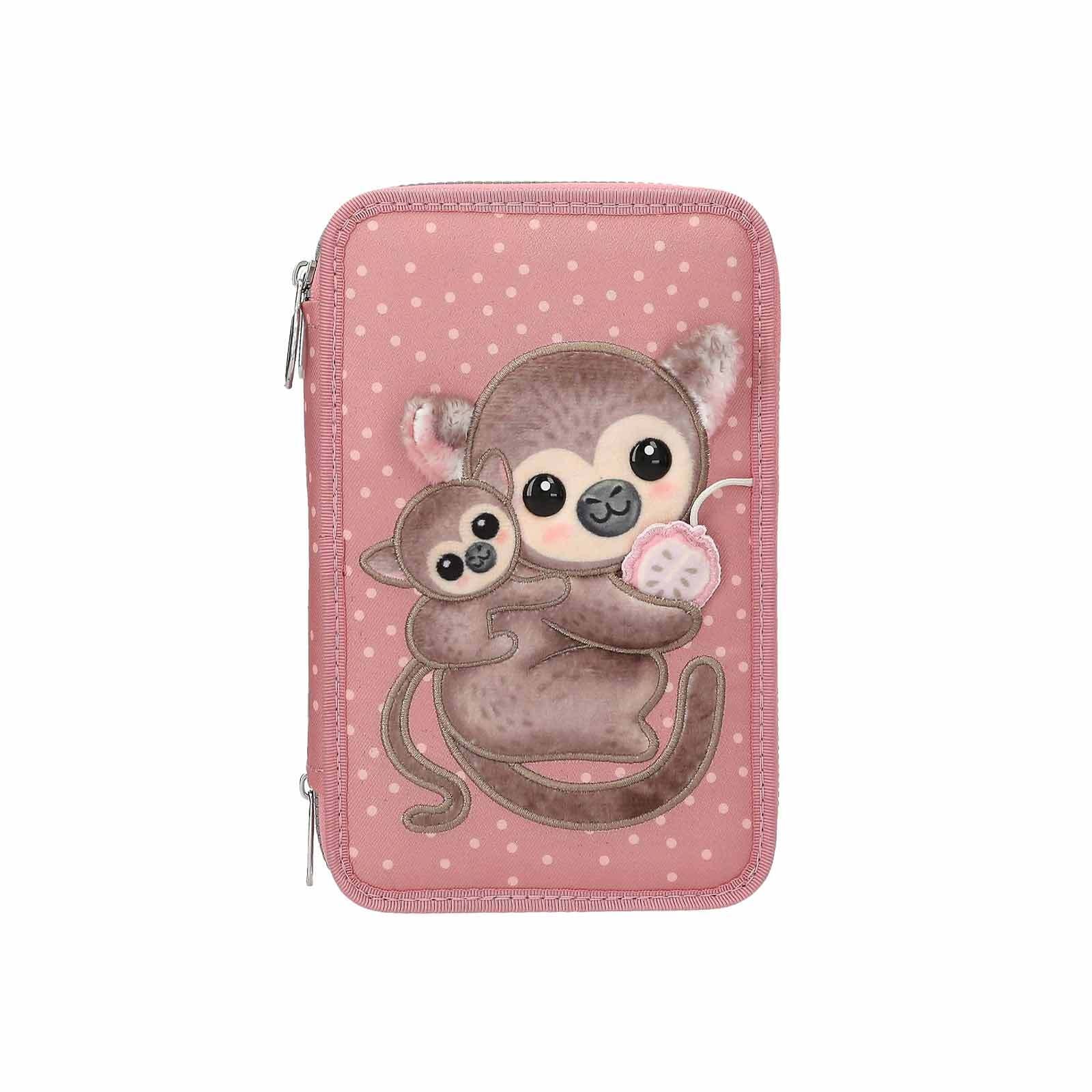 DEPESCHE Kinder Buntstift "3-Fach Federtasche mit Affen-Applikation JUICY inkl. Stifte TOPModel 7,5 x 13 x 20 cm altrosa", rosa, Kunststoff, Stifte