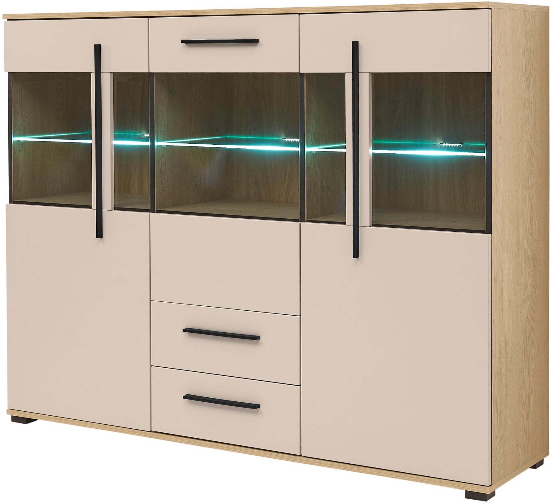 Home affaire Highboard "Cantara, moderner Schrank, Vitrine in Eiche Dekor, Weiß oder Kaschmir" schwarze Stangengriffe, ausreichend Stauraum, vielseitig einsetzbar