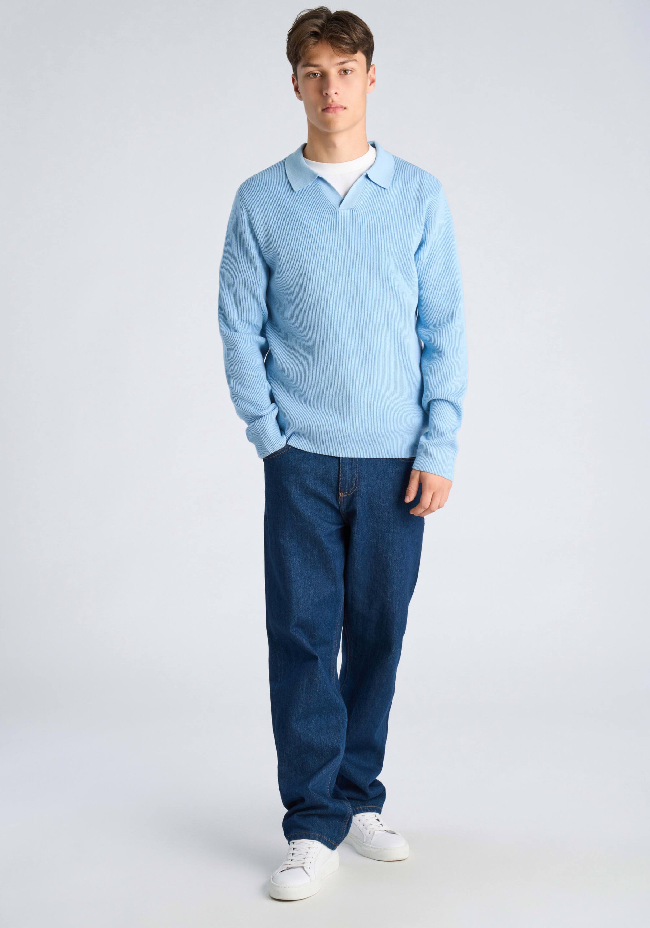 Strickpullover LINDBERGH "Strickpullover Relaxed Fit", Herren, Gr. L, soft blau, Obermaterial: 80% Baumwolle, 20% Polyester, unifarben, V-Ausschnitt, Pullover Strickpullover 3