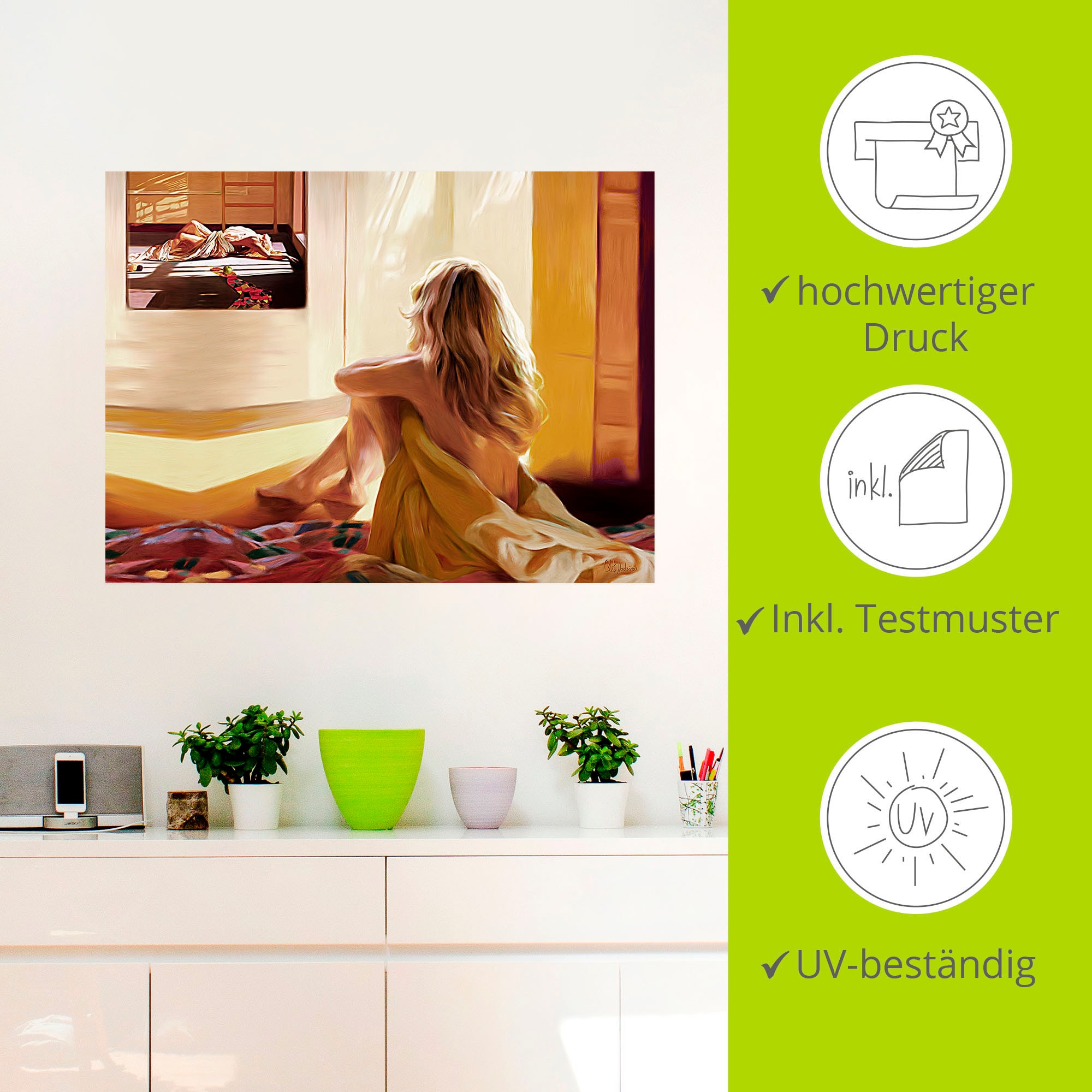 Artland Wandbild »Blondes Mädchen sitzt auf dem Bett«, Bilder von Frauen, (1 St.), als Alubild, Outdoorbild, Leinwandbild in verschied. Größen