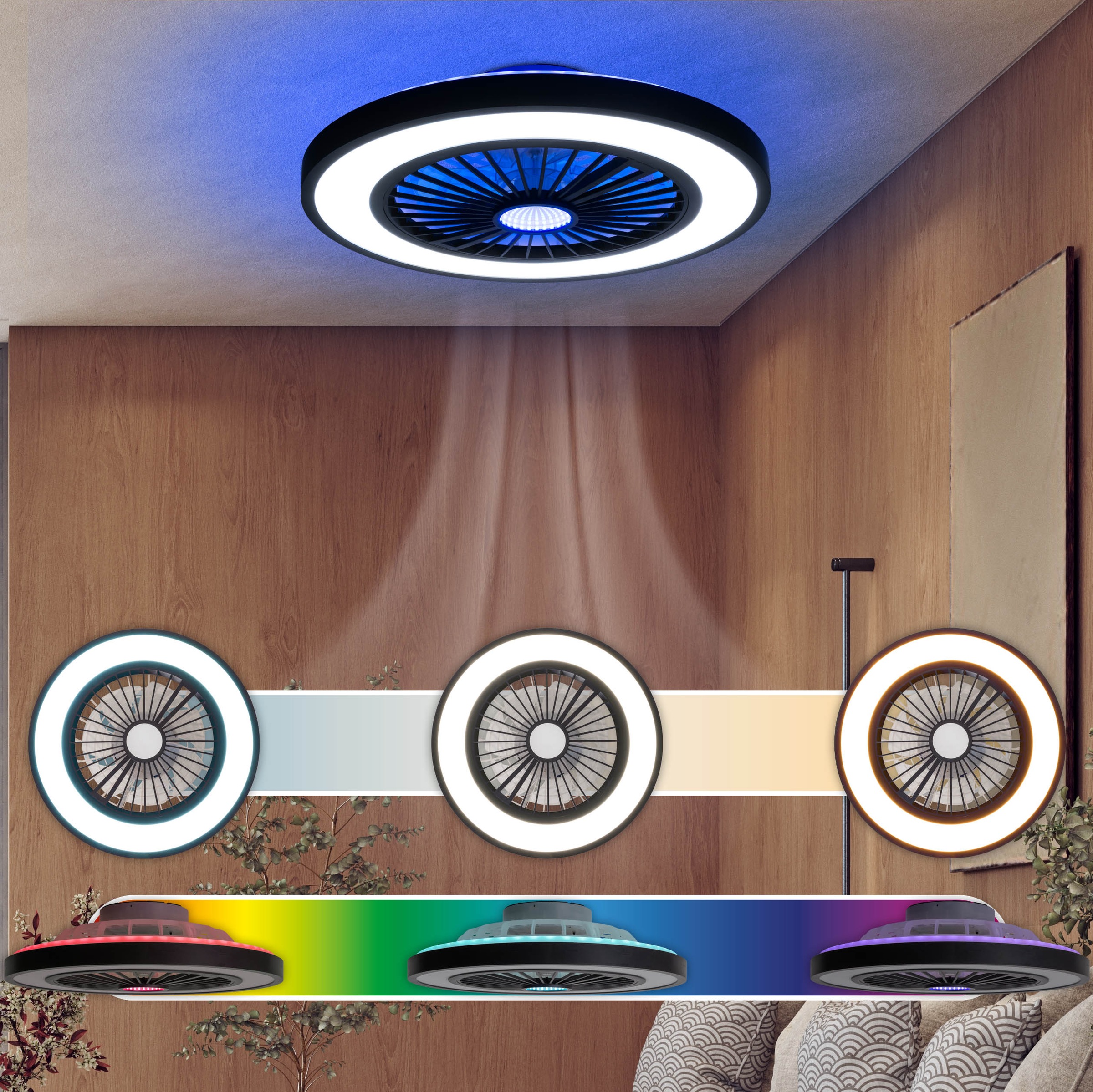 MY HOME LED Deckenleuchte "Yuri Deckenventilator", schwarz (schwarz weiß), 1, Ø 54cm H: 16cm, 1 Stk., Leuchten, Deckenlampe, Ventilator, RGB-Backlight, LED Deckenleuchte