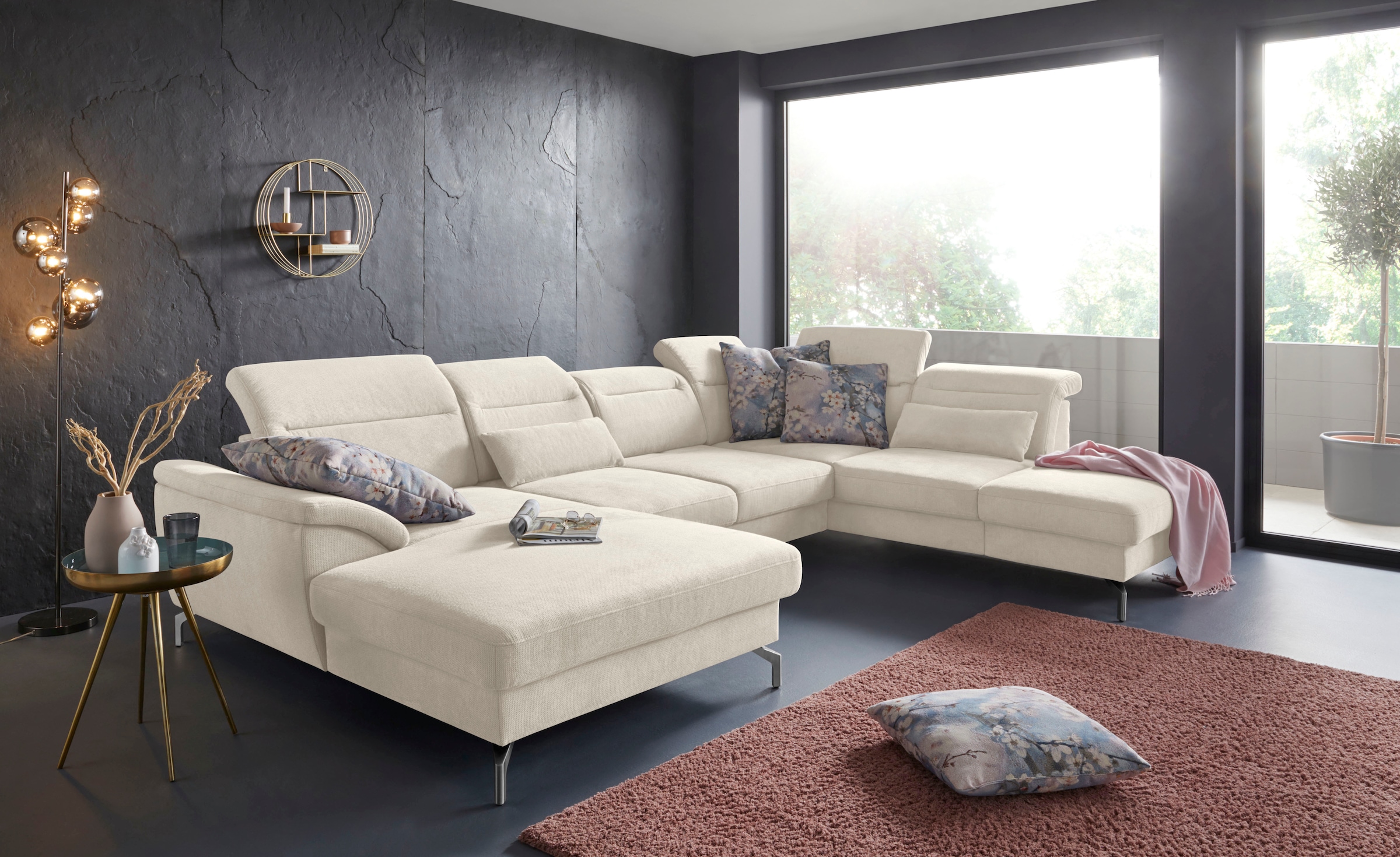 sit&more Wohnlandschaft »Percy U-Form«, 15 cm Fußhöhe, Sitztiefenverstellung, wahlweise in 2 Fußfarben