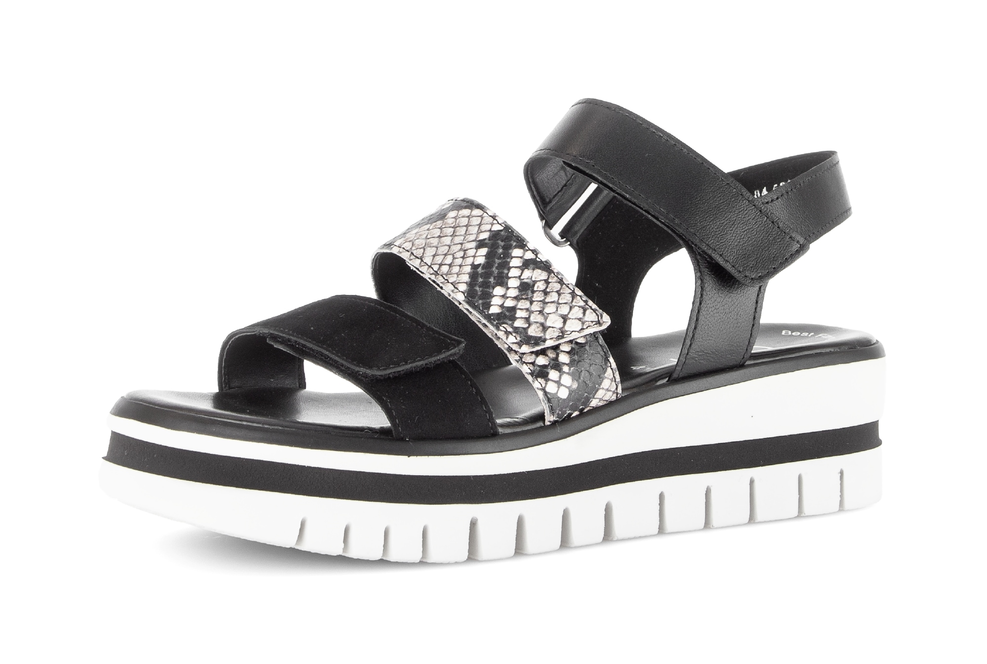 Keilsandalette GABOR, Damen, Gr. 37, schwarz, weiß, Glattleder, Ziegenveloursleder, Reptilienprägung, Schuhe, Plateau, Riemchensandale, Sommerschuh mit Kontrastbesatz