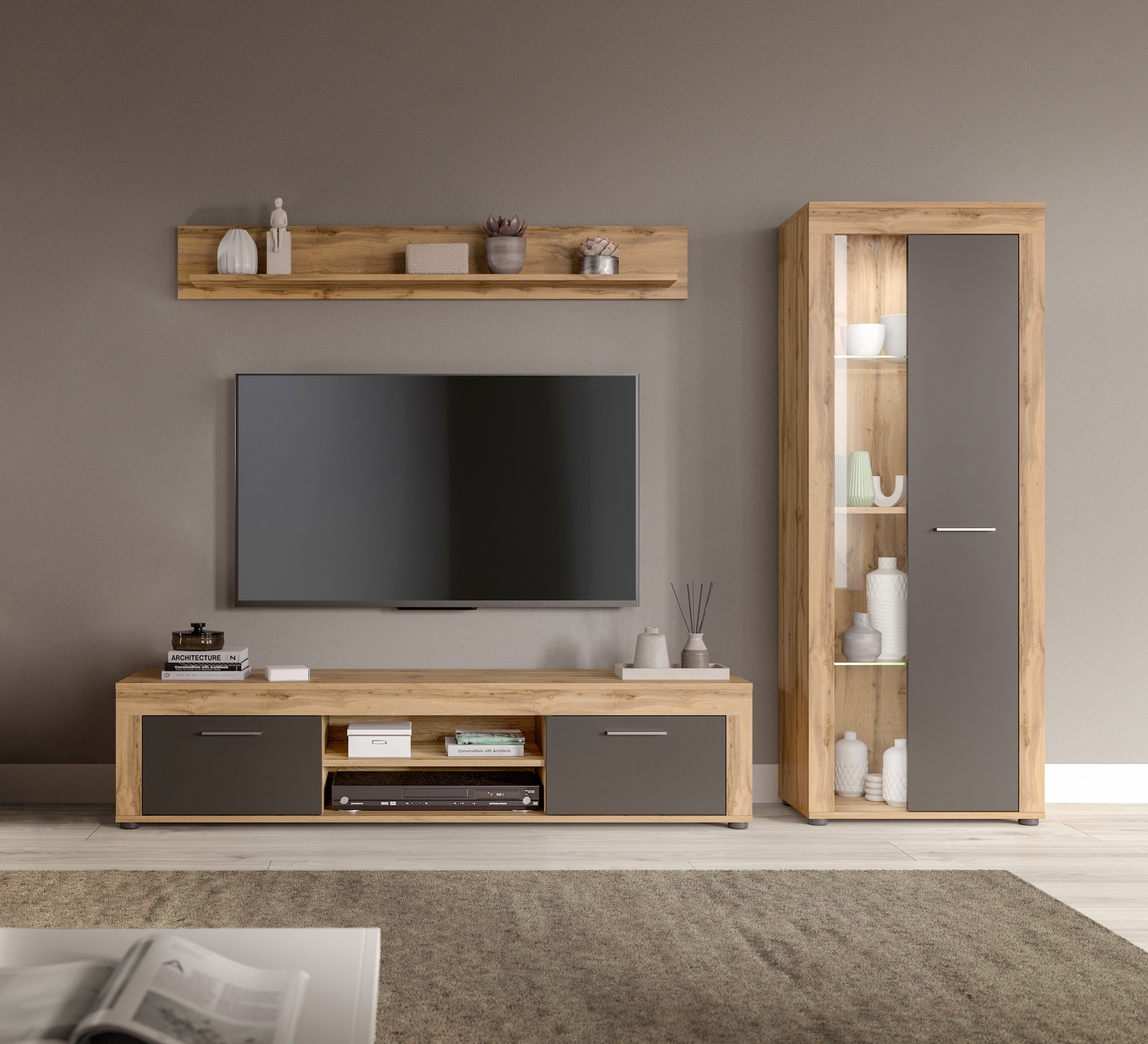 OTTO home Wohnwand "AOSTA, Breite 235cm, 3-teilige Wohn-Kombination" bestehend aus: Lowboard, Wandboard, Vitrine, 3 Stk. tlg.