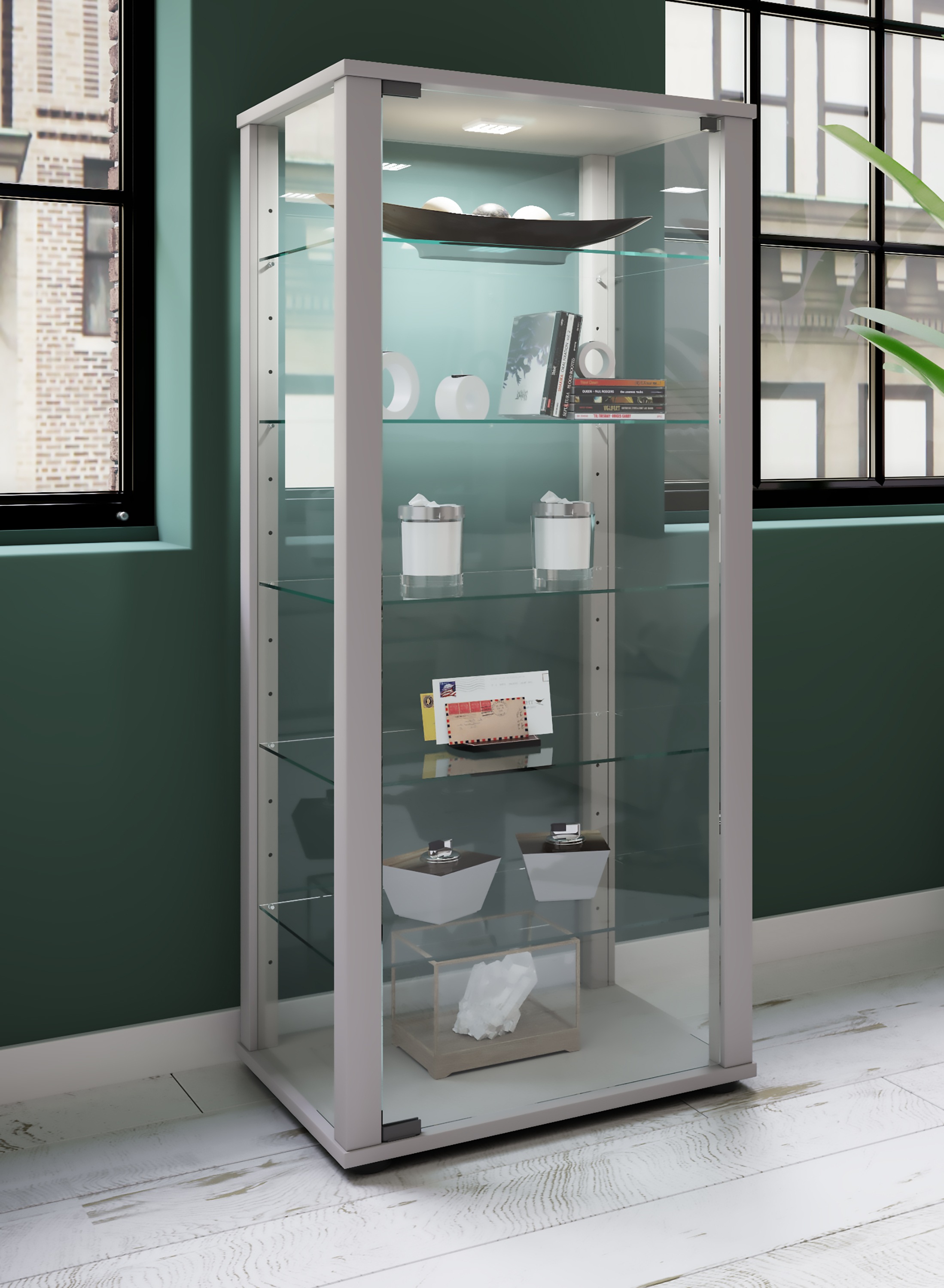 VCM Vitrine »VCM Glasvitrine stehend | Vitrine Glas mit ESG-Sicherheitsglas | Maße ca. H. 115 x B. 50 x T. 38 cm | Standvitrine Glas | Modern und platzsparend | Glas Vitrinenschrank ¿ Kavisa L«, (1 St.)