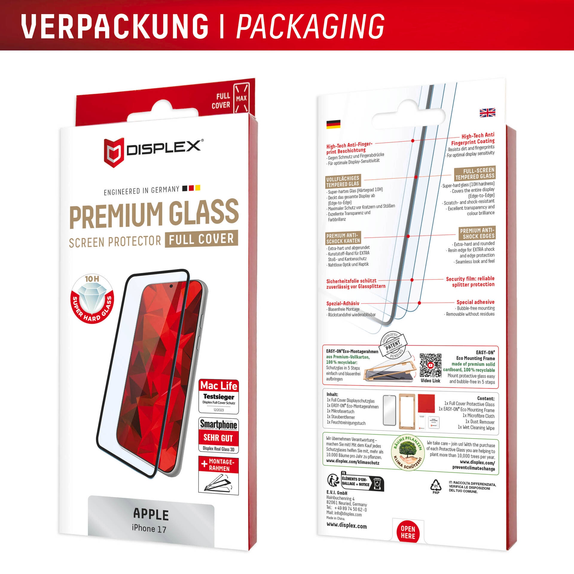 Displex Displayschutzglas »Premium Glass Screen Protector Full Cover«, für Apple iPhone 17-Apple iPhone 17 Pro, Displayschutzfolie, Schutzfolie, Bildschirmschutz, kratz- & stoßfest