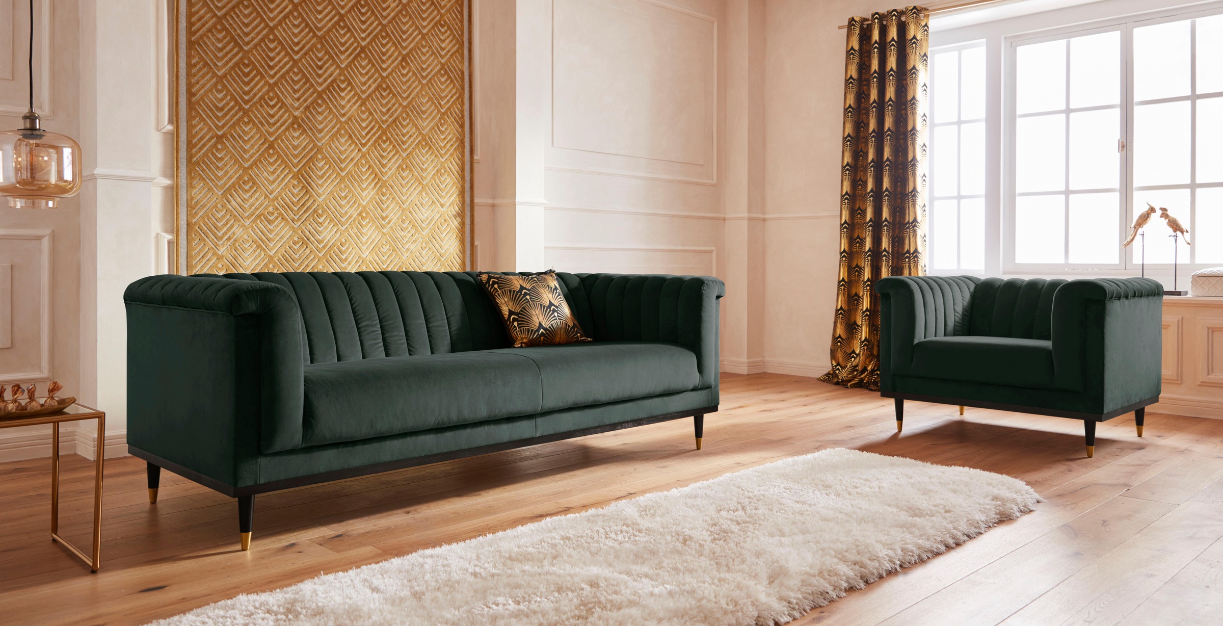 3-Sitzer HOME AFFAIRE "Chamby", grün (dunkelgrün), B:210cm H:71cm T:85cm, Luxus-Microfaser Lederoptik (100% Polyester), Scheuertouren: 40.000, Pilling: 4;Samtoptik (100% Polyester), Scheuertouren >100.000, Pilling: 5, Sofas, mit Holzrahmen unten und Stepp 2