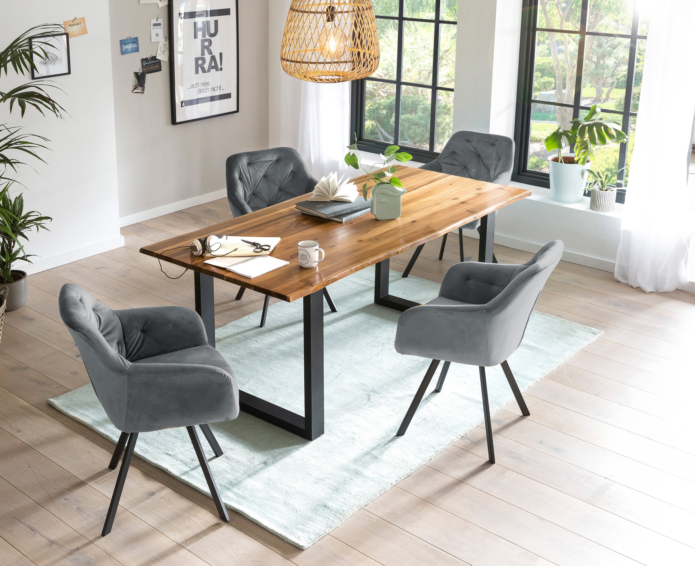 Essgruppe SALESFEVER, grau, Massivholz, Metall, Polyester, Sitzmöbel-Sets, "Essgruppe für stilvolles Speisen", 5-teiliges Set für Ihr Zuhause