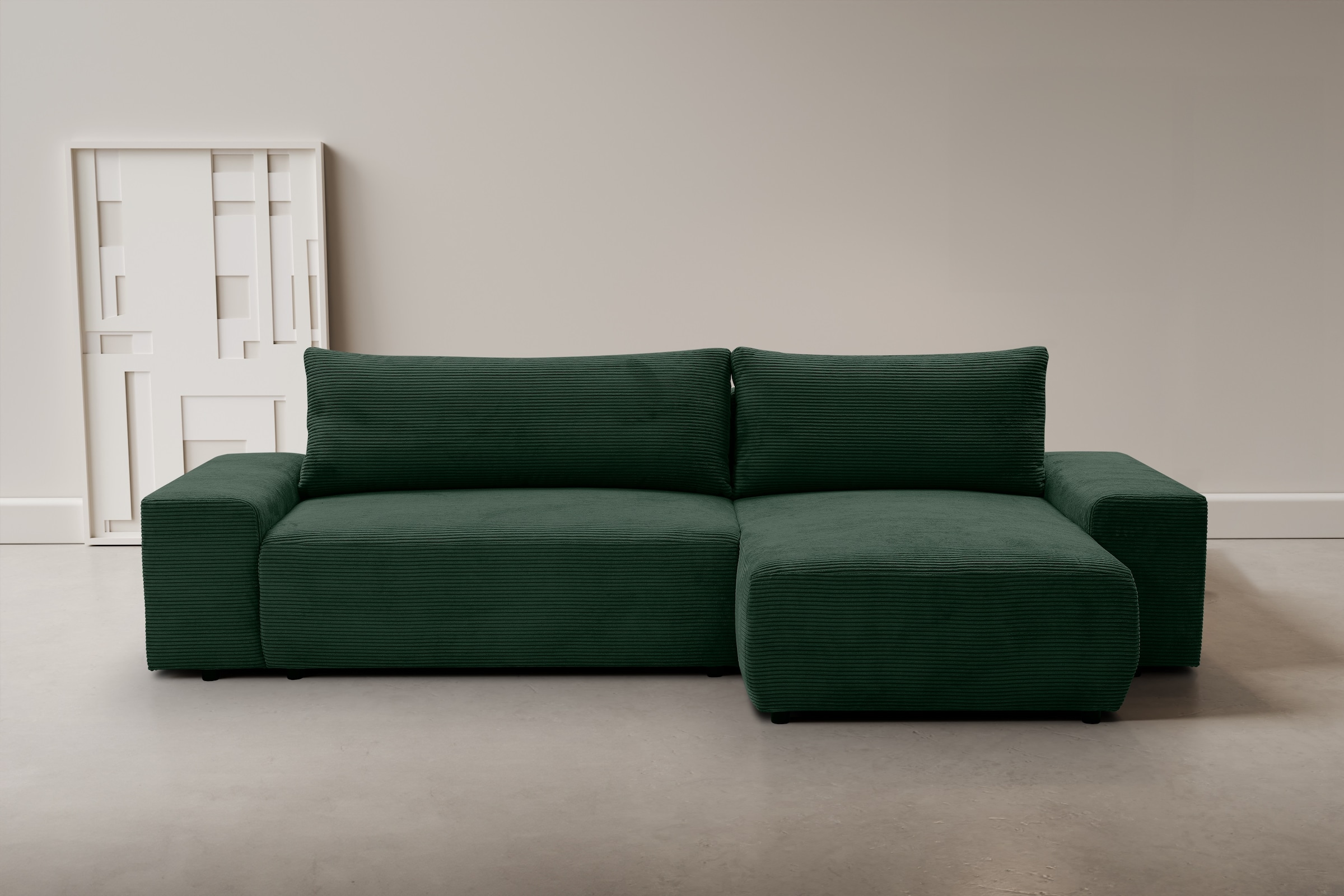 WERK2 Ecksofa "Amsterdam 300 x 150 cm modern und bequem" Cord, L-Form, XXL, Schlaffunktion, Bettkasten