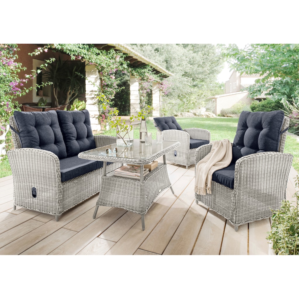 Destiny Gartenlounge-Set »MERANO«, (11 tlg.), Polyrattan, 2 Sessel, 2er Sofa, 1 Tisch 120x77x66cm, inkl. Auflagen