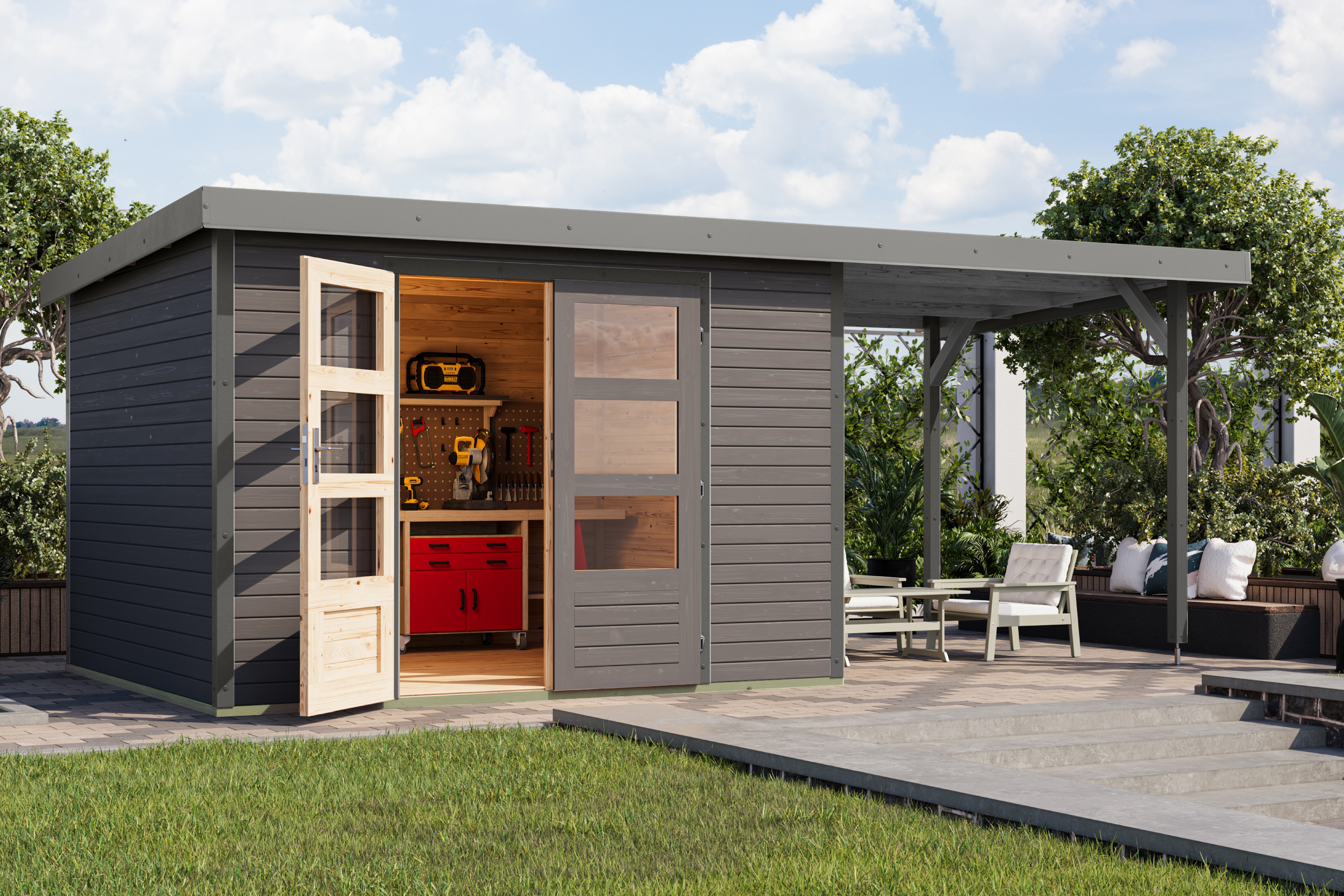 Karibu Gartenhaus "Jupiterino 5 SET, in verschiedenen Farben" inkl. Anbaudach