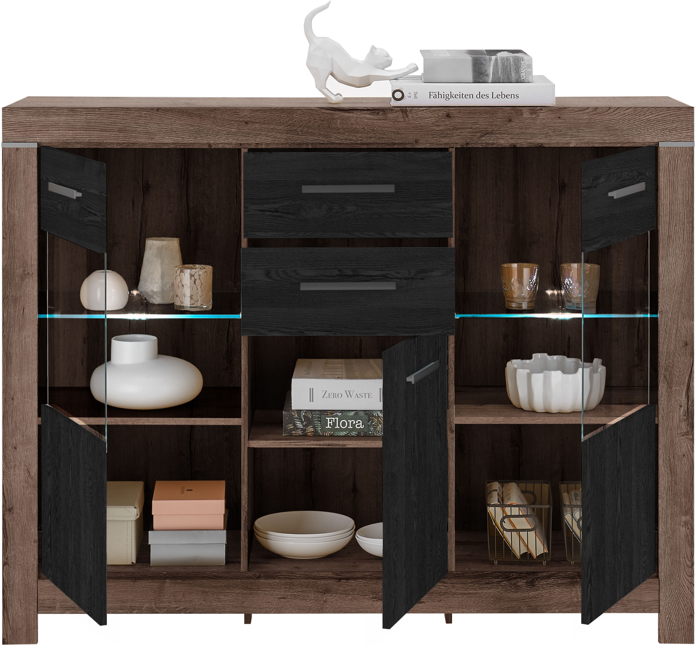 HBZ Highboard »Balin mit LED-Beleuchtung, BxHxT 160x125x45 cm«, (1 St.), Mit 2 Türen und 1 Tür mit Teilverglasung