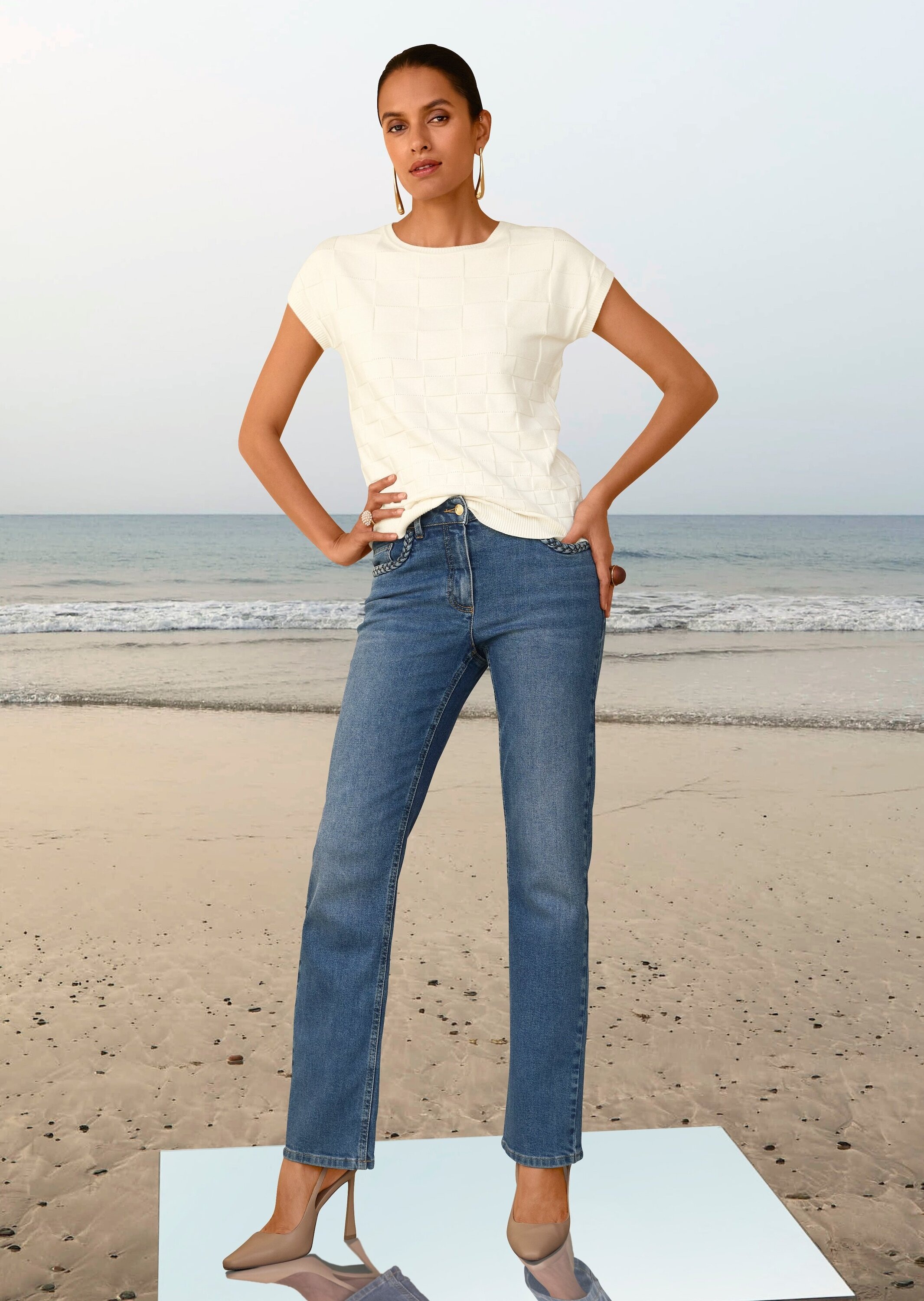 Regular-fit-Jeans MADELEINE "Jeans Slim-Fit-Jeans mit Formbund", Damen, Gr. 34, N + K Gr, blau, Obermaterial: 98% Baumwolle CO. 2% Elasthan EL., Jeans 3