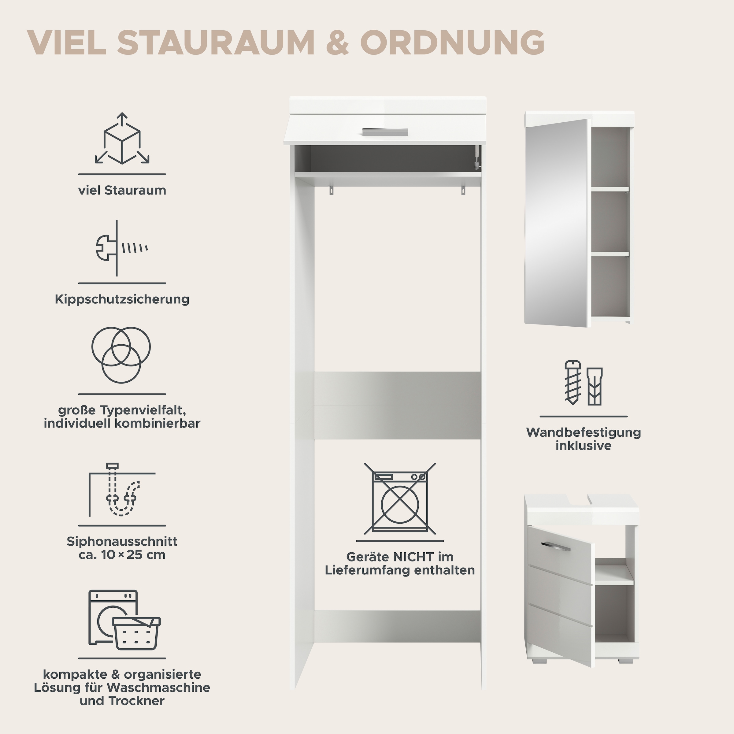 welltime Badmöbel-Set »SIENA, 3-tlg., WBU, Spiegelschrank & Waschmaschinenschrank, MDF-Front«