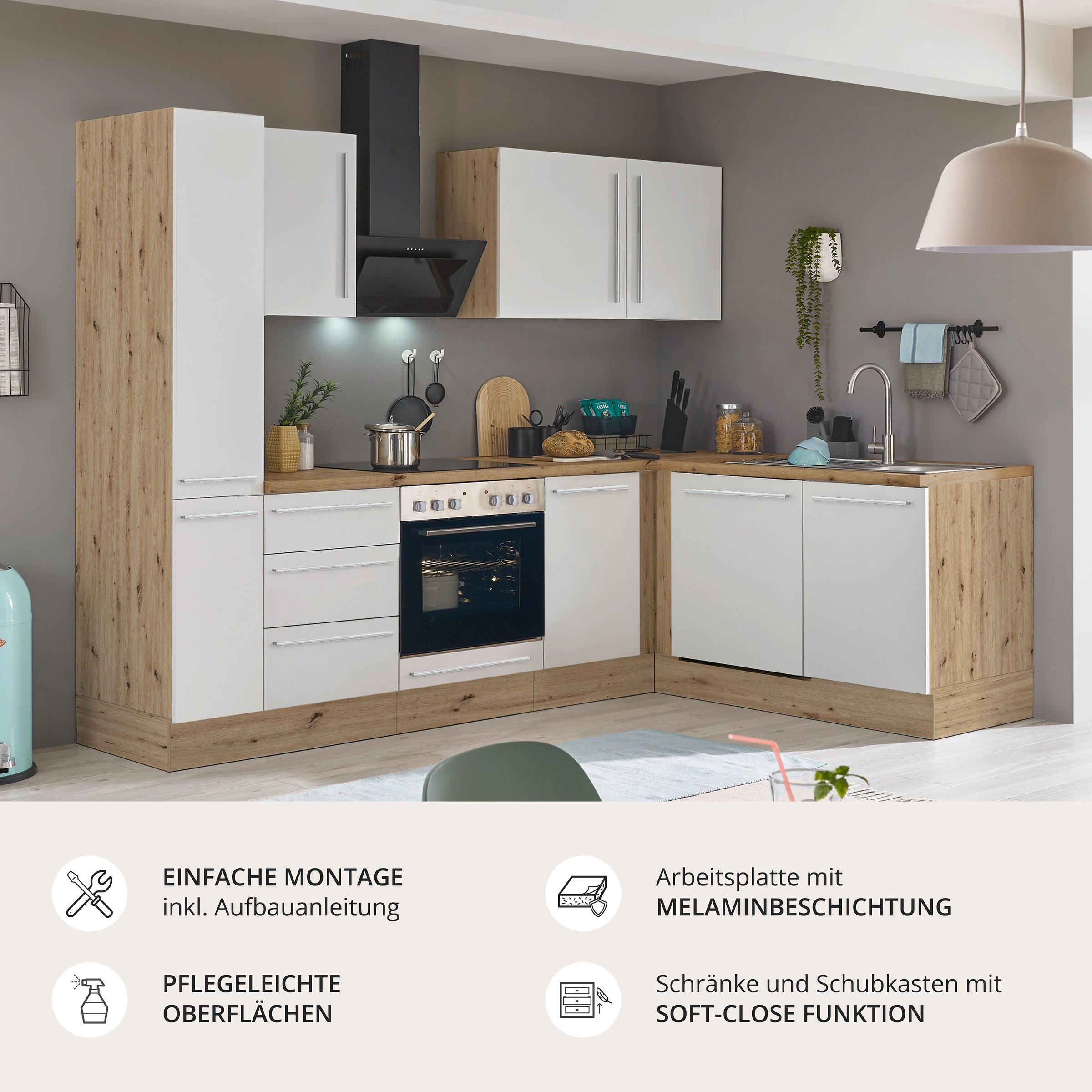 KOCHSTATION Winkelküche »Florida, Stellbreite 250x165 cm« wahlweise mit E-Geräten, mit Softclose für Türen und Schubkästen