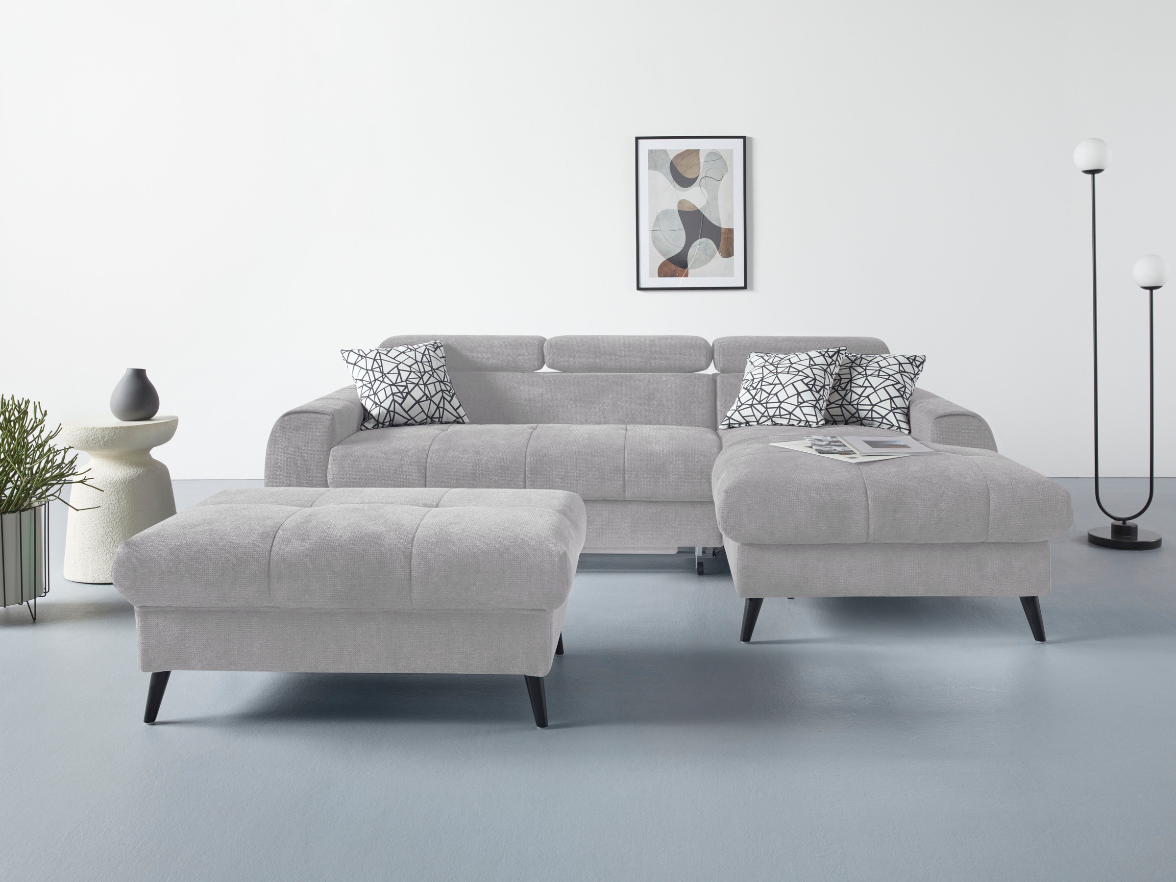 COTTA Ecksofa »Mia L-Form mit 3 Zierkissen«, wahlweise mit Bettfunktion, Bettkasten, Beleuchtung & Wireless-Charger
