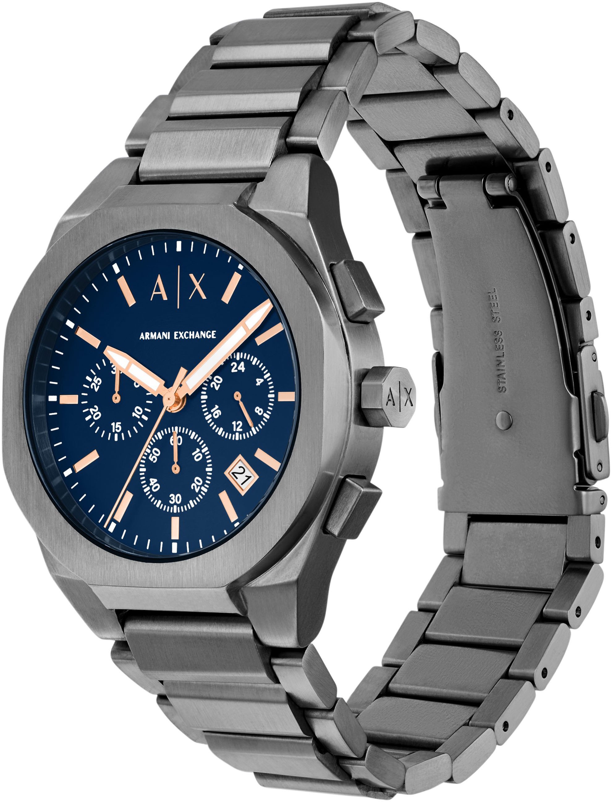 ARMANI EXCHANGE Chronograph »SYNC«, Armbanduhr, Herrenuhr, Edelstahlarmband, analog, Tag, Stoppfunktion