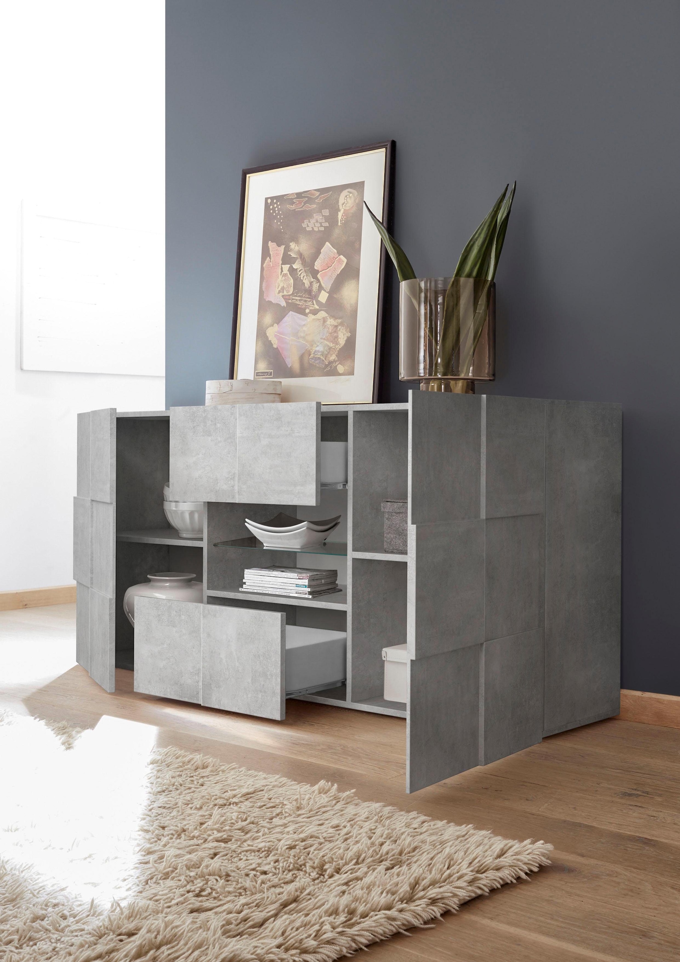 INOSIGN Sideboard »Dama Breite 181, Kommode 2 Türen u. 2 Schubkästen, Anrichte«, Front in 3D-Optik, viel Stauraum, verschiedene Farben
