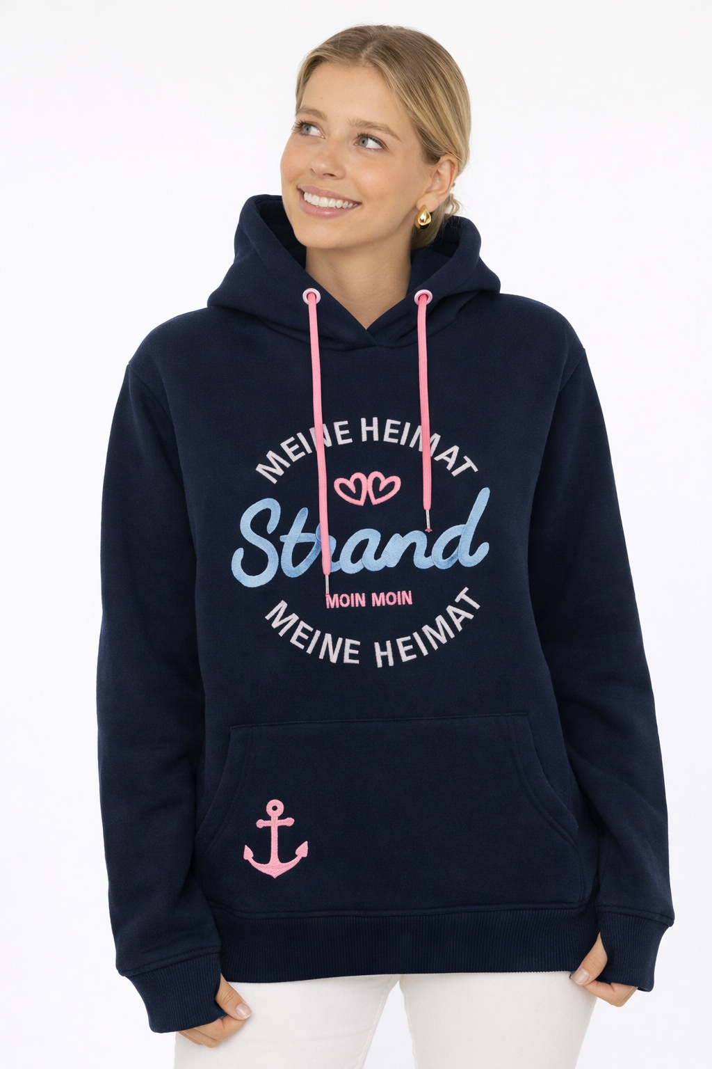 Zwillingsherz Hoodie ""Meine Heimat"", mit aufgesticktem "Strand"-Schriftzug vorne und hinten