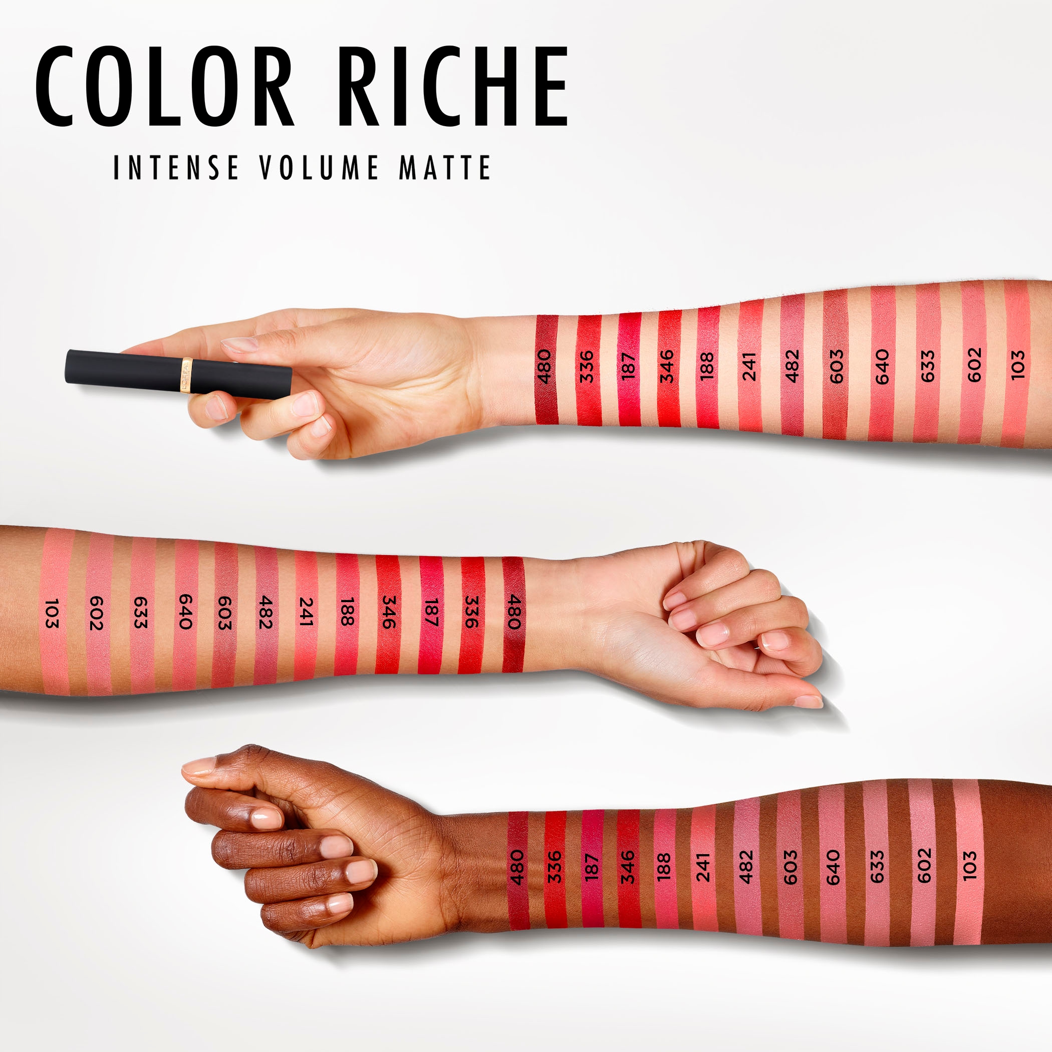 L'ORÉAL PARIS Lippenstift »COLOR RICHE INTENSE VOLUME MATTE« intensiv matte Farbe, bietet bis zu 16h mattierten Halt
