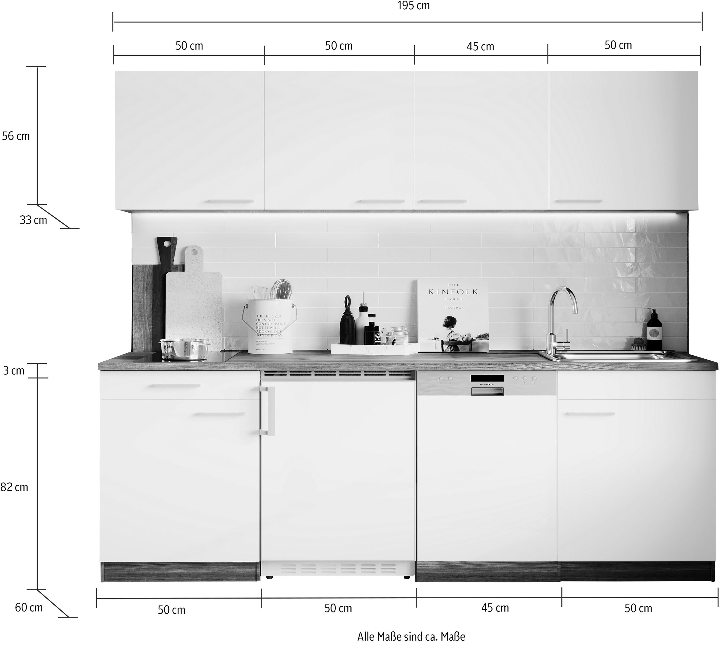 RESPEKTA Küche »Oliver«, Breite 195 cm, wechselseitig aufbaubar