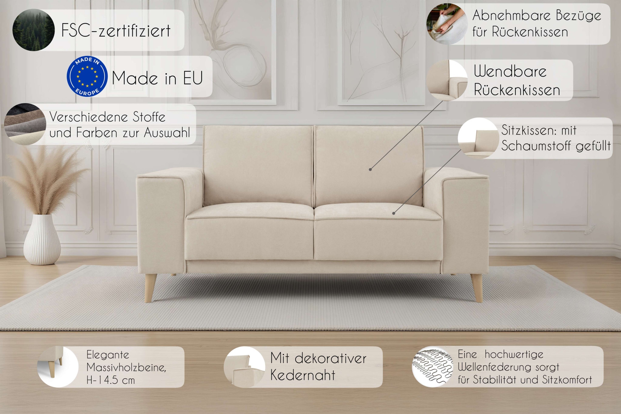 OTTO home 2-Sitzer »Oland Skandi, weicher Chenille-Stoff« 164 cm, Wellenunterfederung, Skandi-Design, Massivholzfüße