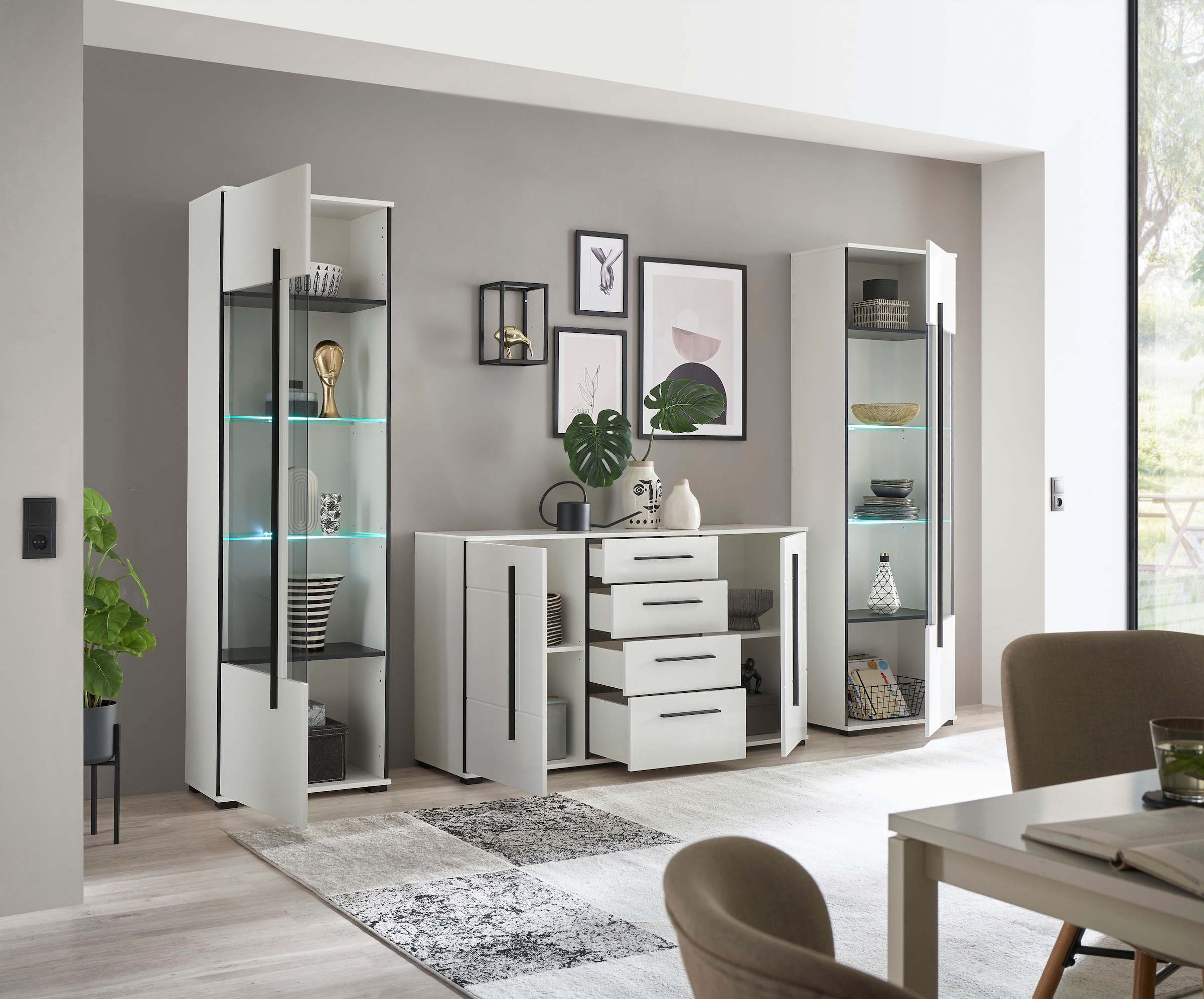 INOSIGN Wohnwand »Cantara, moderne Anbauwand, Wohnzimmer-Set, in Eiche Evoke oder Weiß«, (Set), enthält zwei Vitrinen und ein Sideboard