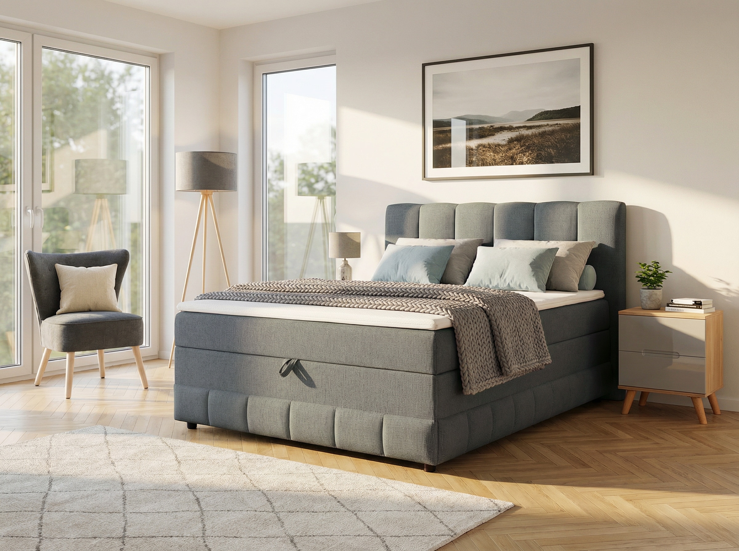 OTTO home Boxbett "LIKELY, Polsterbett mit Bettkasten, inkl. Taschenfederkernmatratze H3" mit Kaltschaumtopper, Strukturstoff-Bezug, 140x200 & 180x200 cm