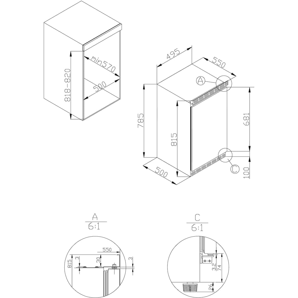 Amica Einbaukühlschrank, UKS16157, 81,5 cm hoch, 49,5 cm breit