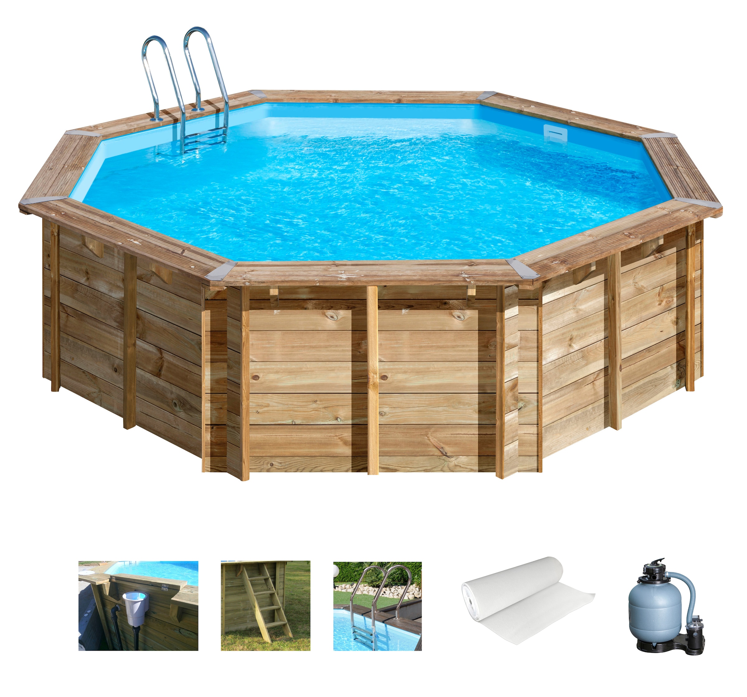 Gre Achteckpool »VIOLETTE 2 mit Edelstahlleiter«, (Set, 8 tlg.), Kiefernholz, ØxH: 500x127 cm