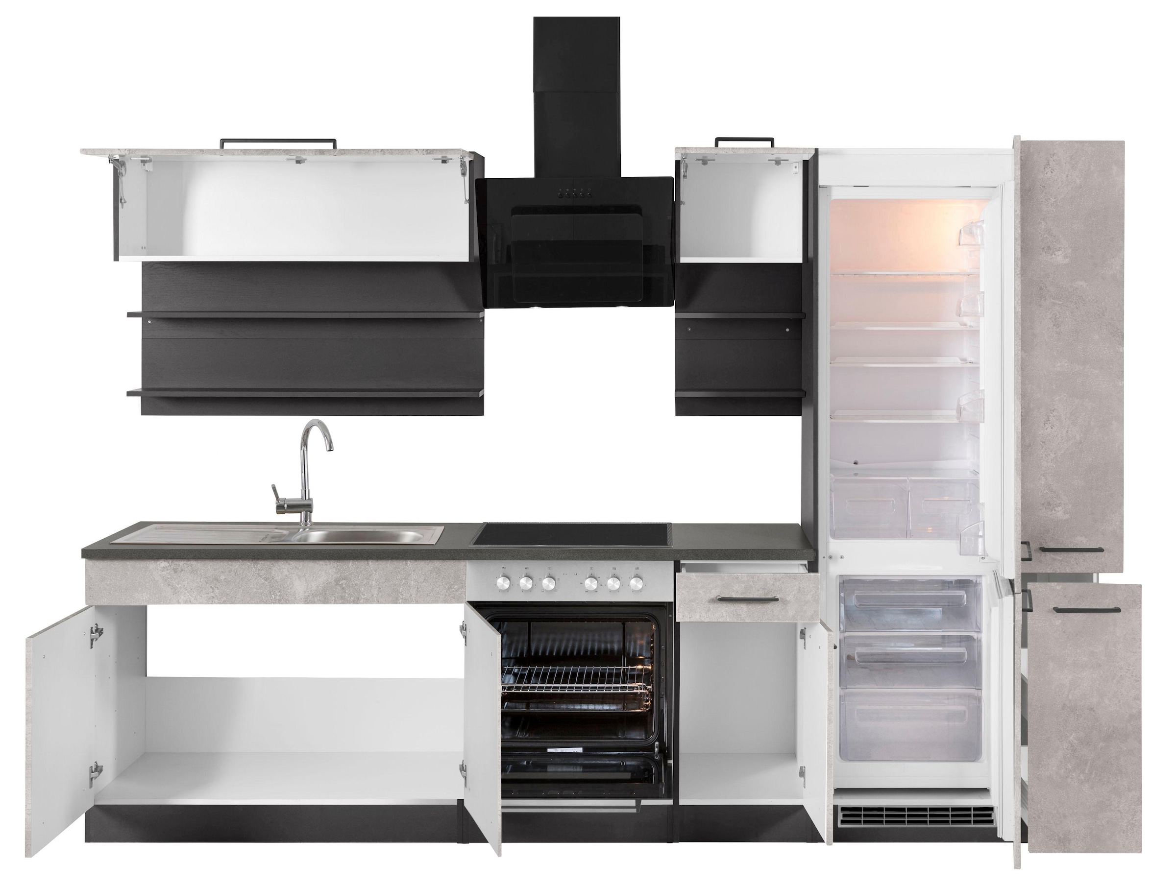 KOCHSTATION Küchenzeile »KS-Tulsa«, mit E-Geräten, Breite 300 cm, schwarze Metallgriffe, MDF Fronten